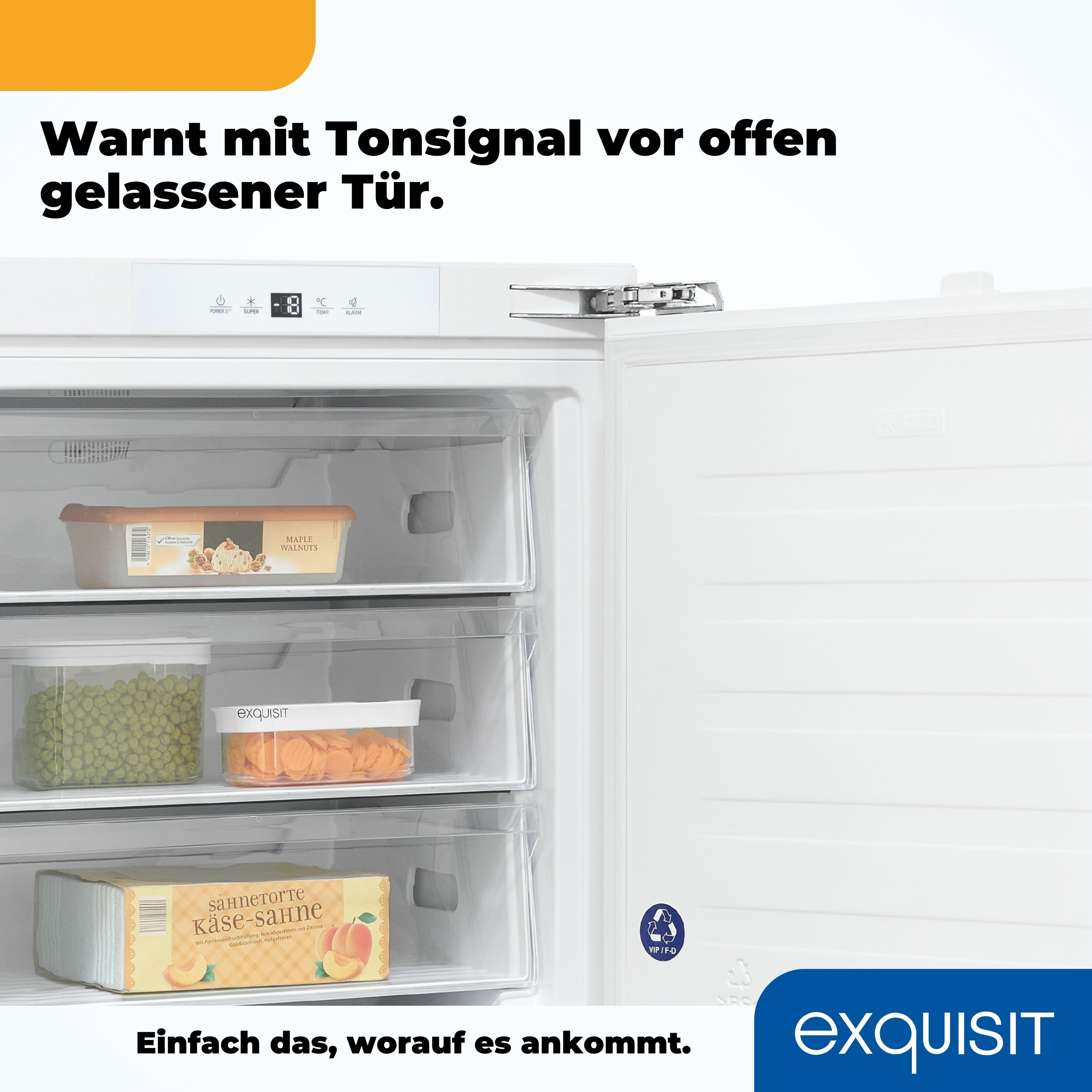 Offener Gefrierschrank mit Schubladen voller Lebensmittel, mit Text oben und unten.