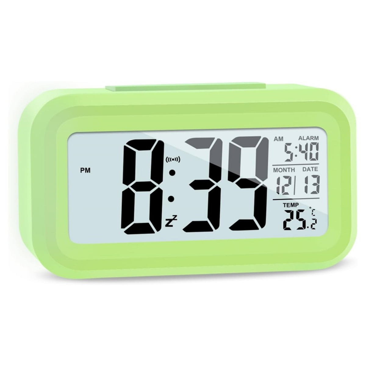 Grüner digitaler Wecker mit Anzeige von Uhrzeit, Datum und Temperatur.