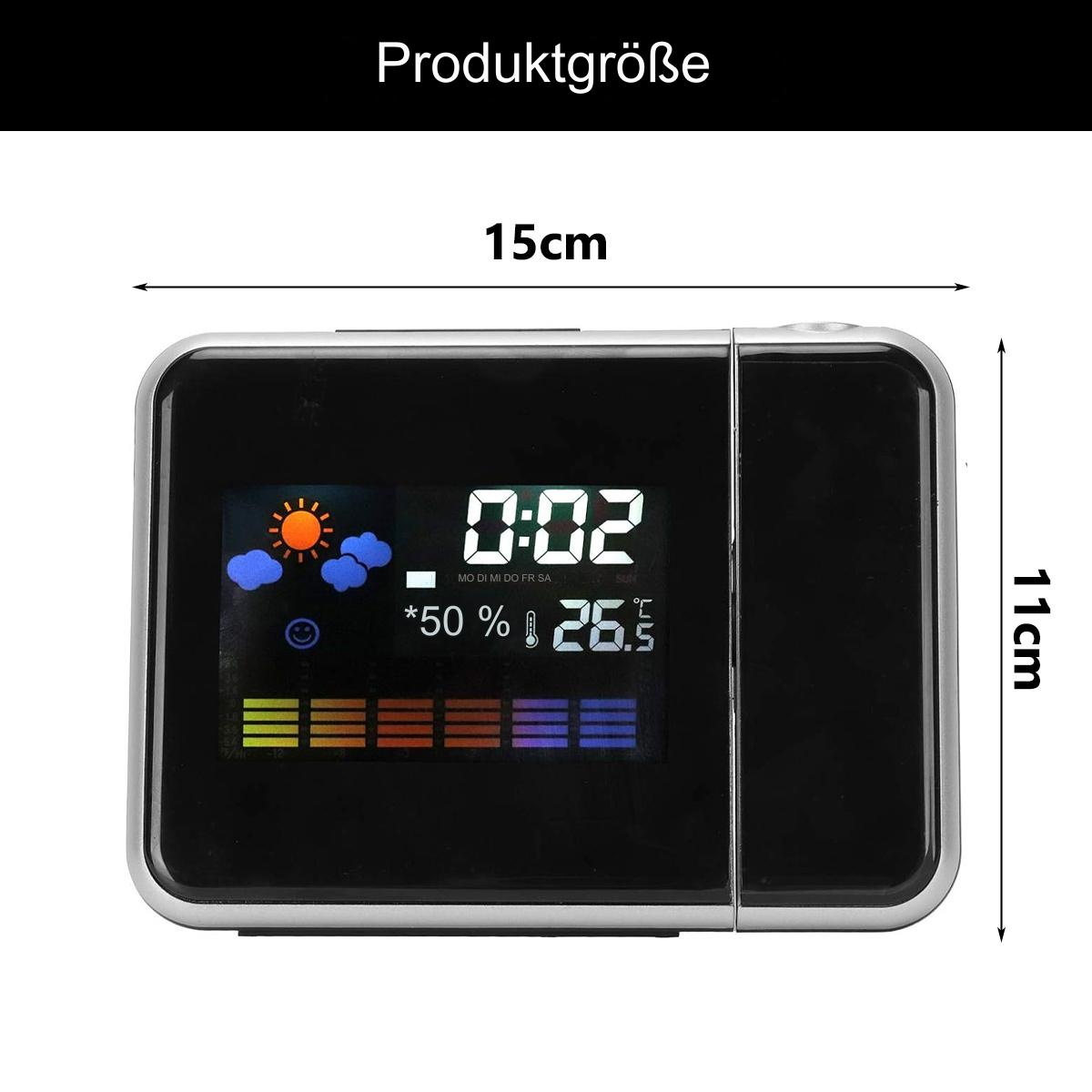 Schwarze Digitaluhr mit Wetter- und Zeitanzeige. Die Maße sind 15 cm x 11 cm.
