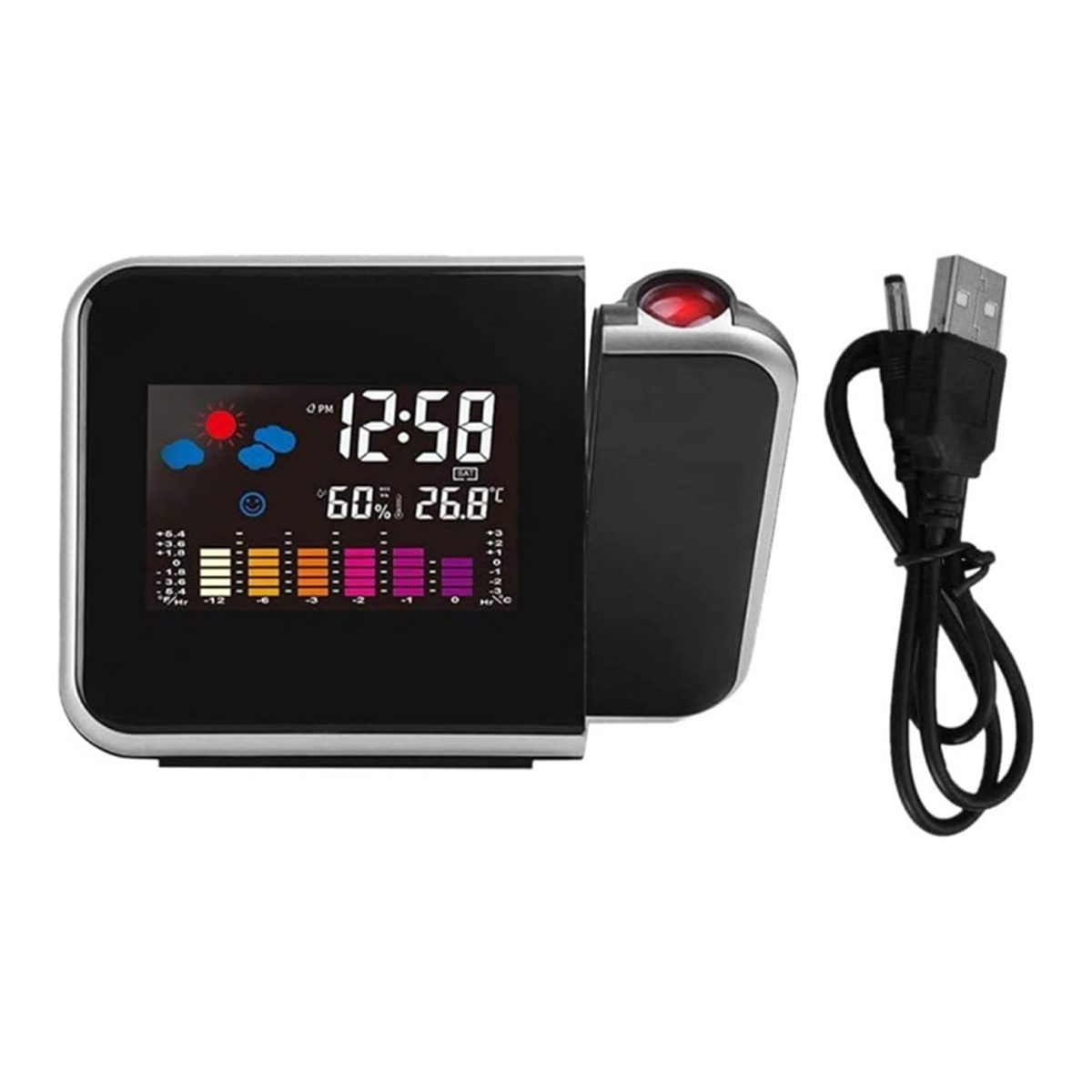 Eine schwarz-silberne Digitaluhr mit Wetterinfo, Uhrzeit und Temperatur, mit USB-Kabel.