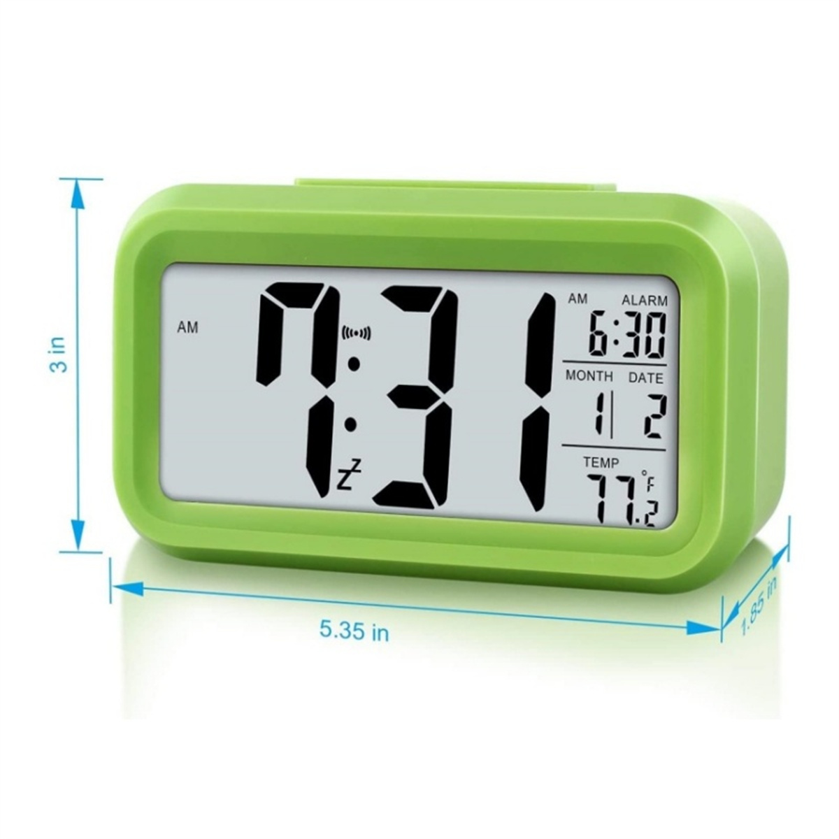 Grüner digitaler Wecker mit 7:31 Uhr, Alarm um 6:30 Uhr, Datum 1/2 und Temperatur 77,2 °F.