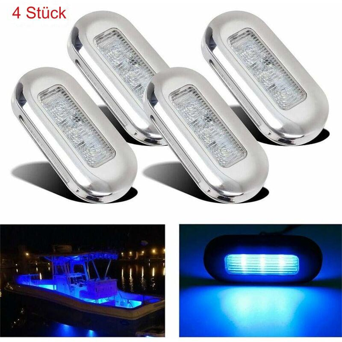 Vier silberne, rechteckige Lichter. Ein Boot in blauem Licht. Ein einzelnes Licht leuchtet blau.