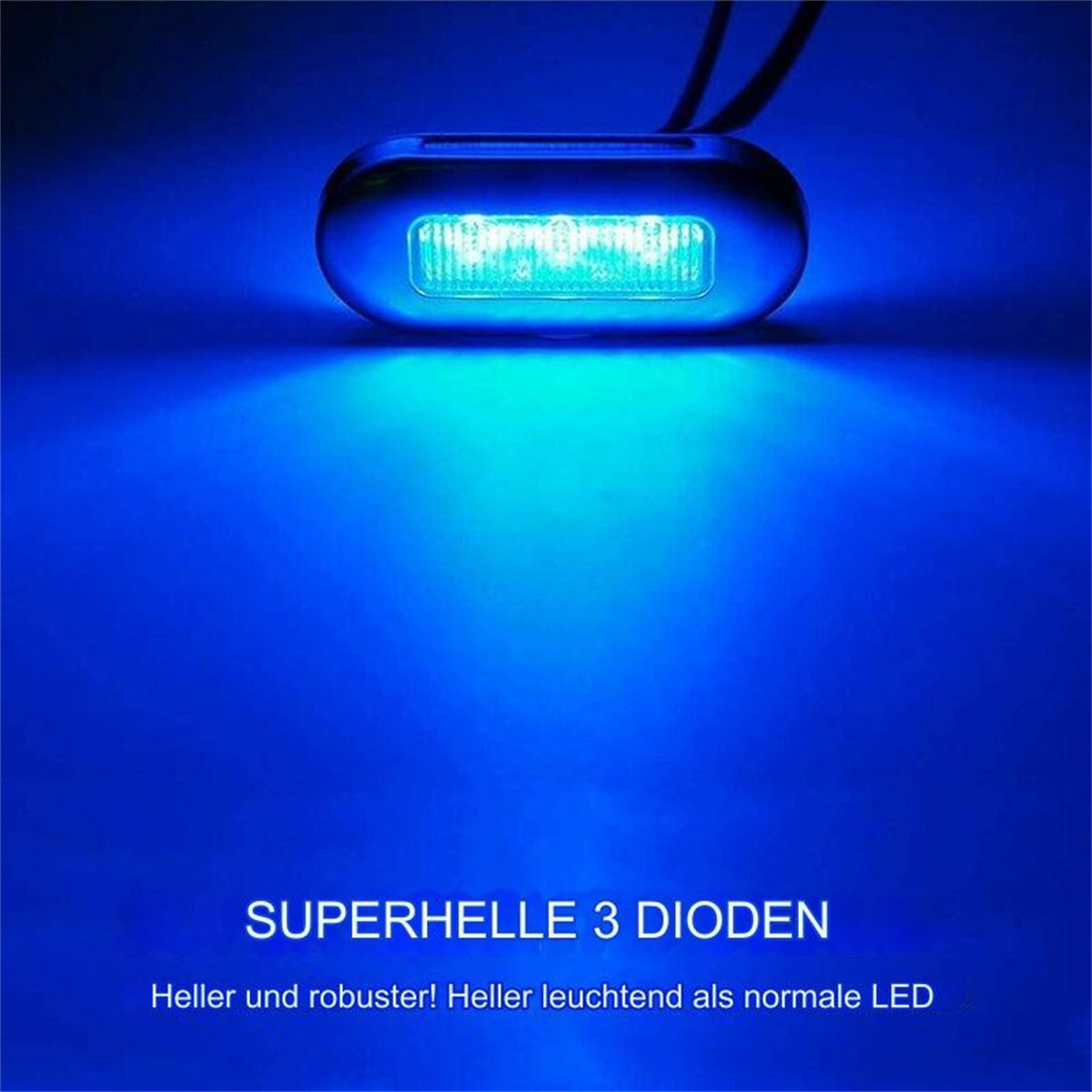 Blaue LED-Leuchte mit 3 Dioden, mit Text, der das Bild auf Deutsch überlagert.