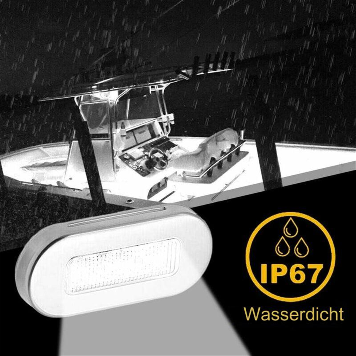 Ein Boot bei Nacht mit einem Licht und dem Text IP67 und 'Wasserdicht' auf der rechten Seite.