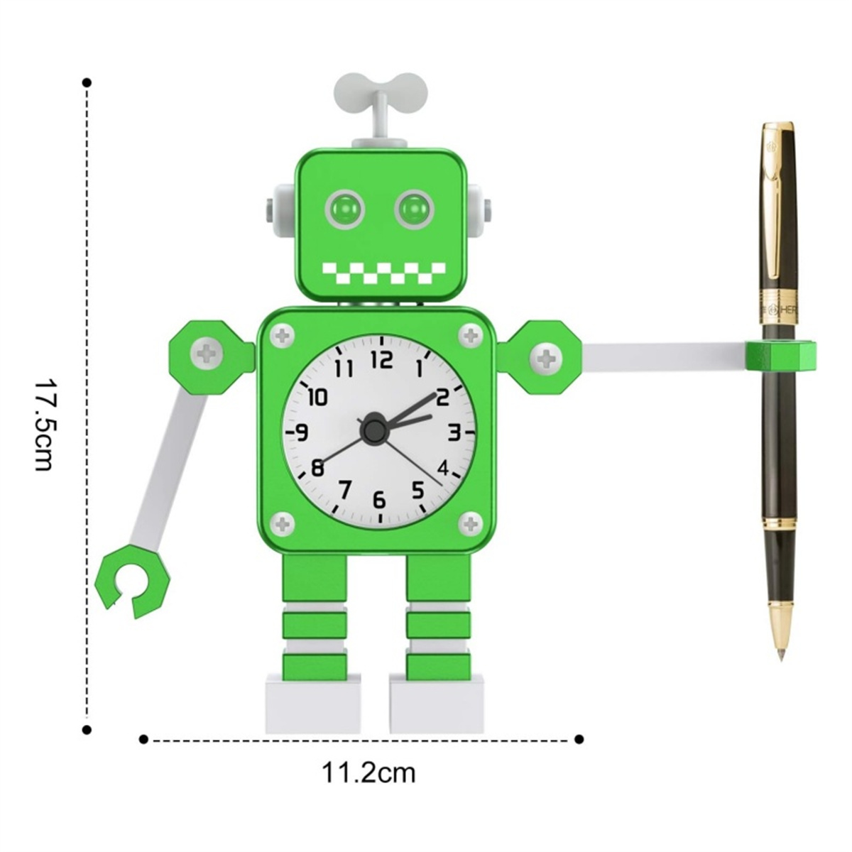 Grüne Roboteruhr mit Stift. Uhr ist in Roboterform. Schwarzer Stift ist an der Seite.