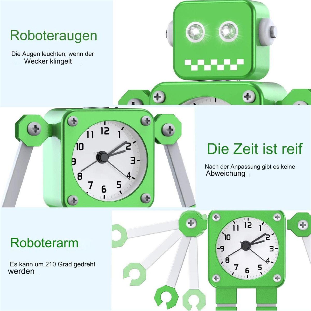 Grüne Roboteruhr mit mehreren Ansichten. Text auf Deutsch beschreibt die Funktionen.