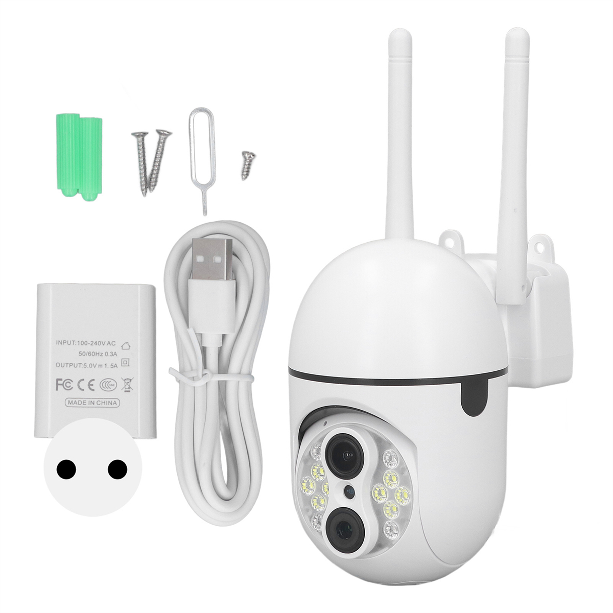 Überwachungskamera mit Antennen, Netzteil, Schrauben und USB-Kabel. Weiß mit schwarzem Objektiv.