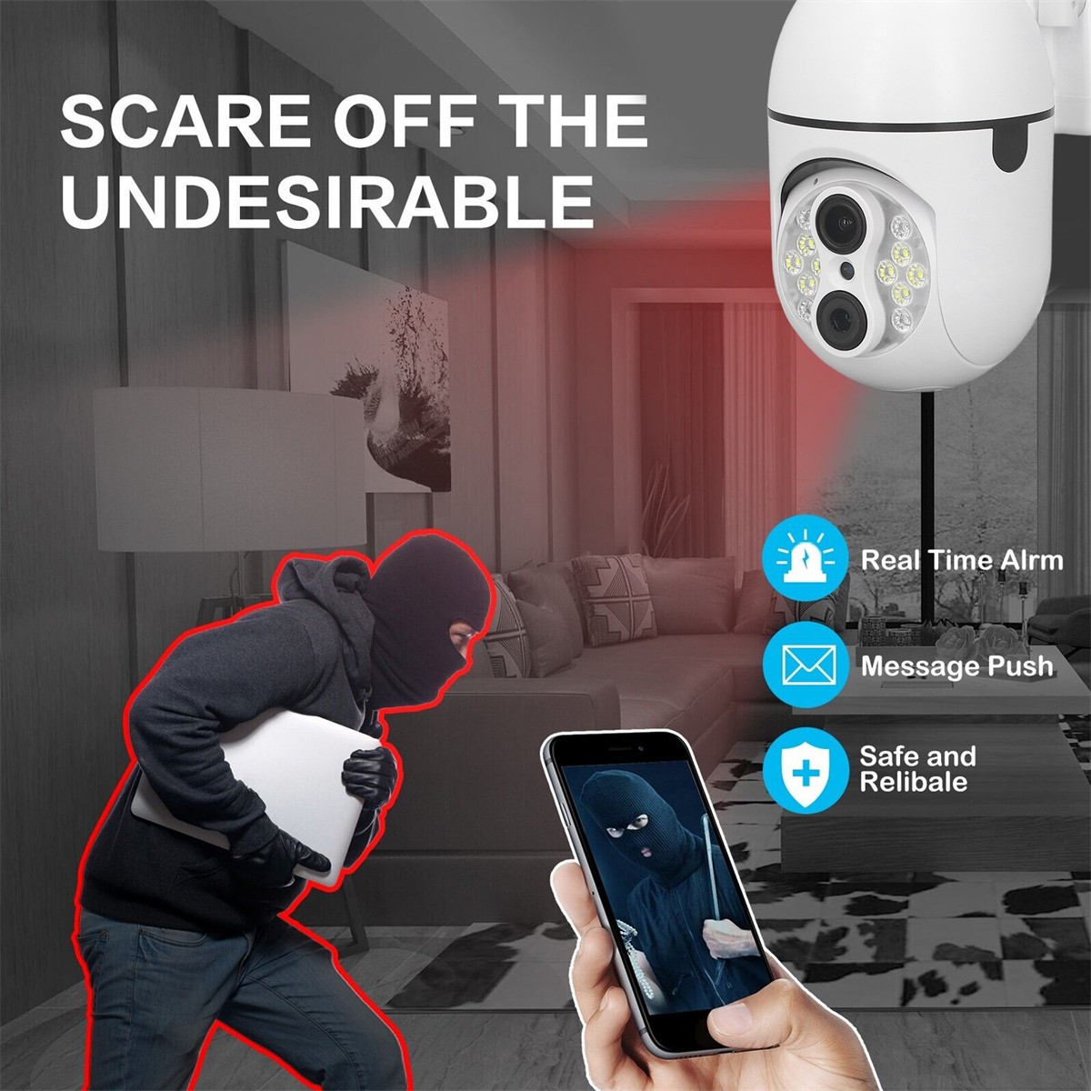 Eine Überwachungskamera mit einer Person mit Maske. Ein Telefon zeigt eine maskierte Person.