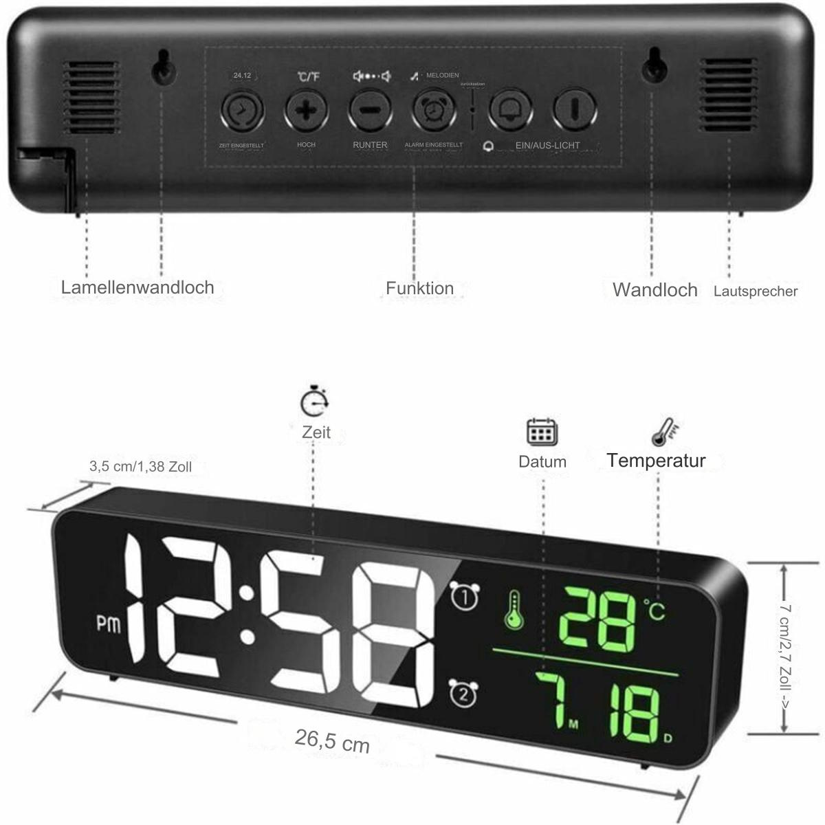 Eine schwarze Digitaluhr mit Anzeige von Uhrzeit und Datum, mit Funktionstasten und Maßangaben.