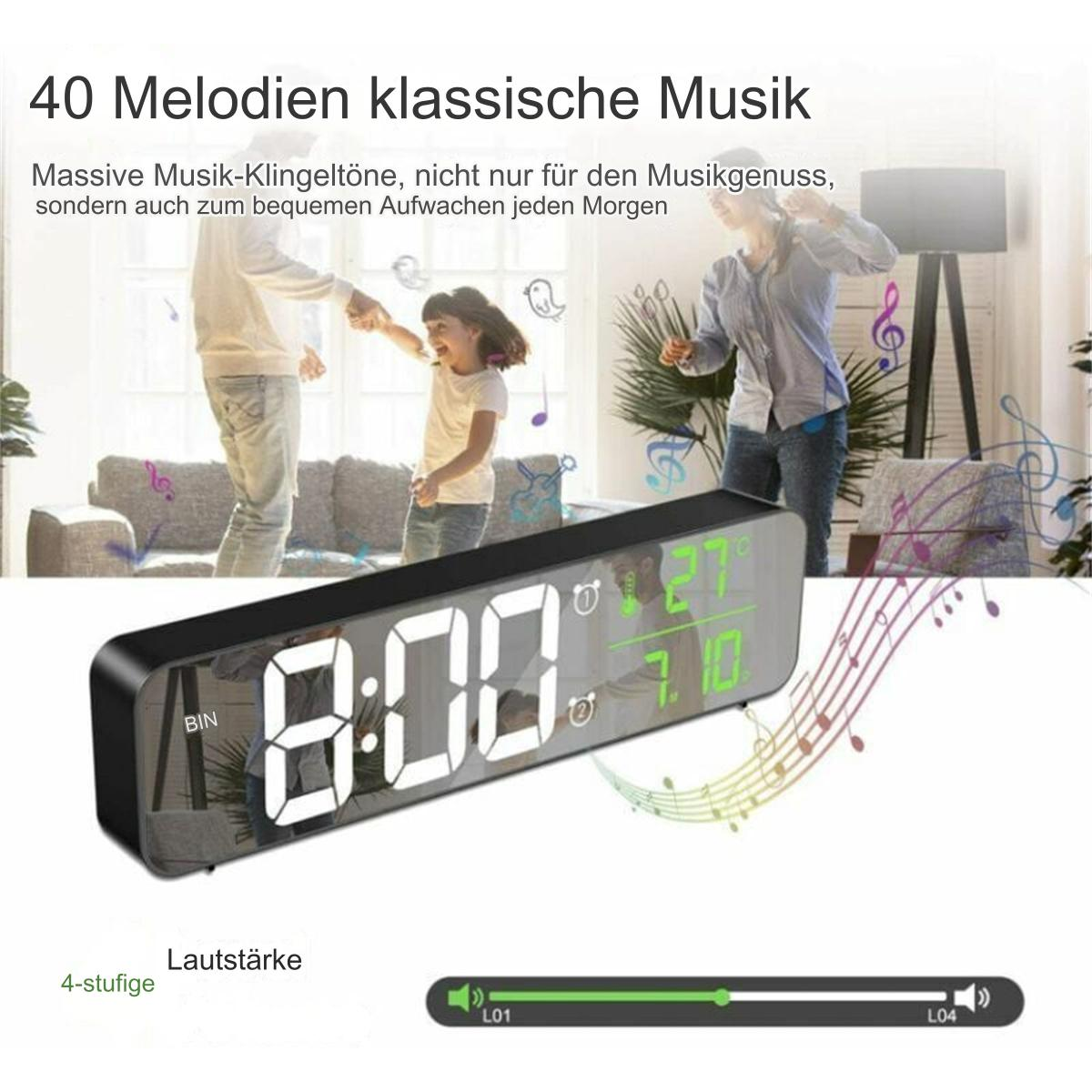 Ein digitaler Wecker mit Text-Overlay und einer tanzenden Familie.