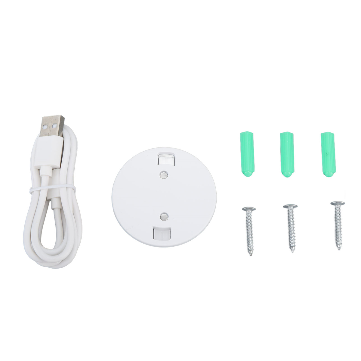 Zubehör-Set mit USB-Kabel, weißer runder Scheibe und Schrauben.