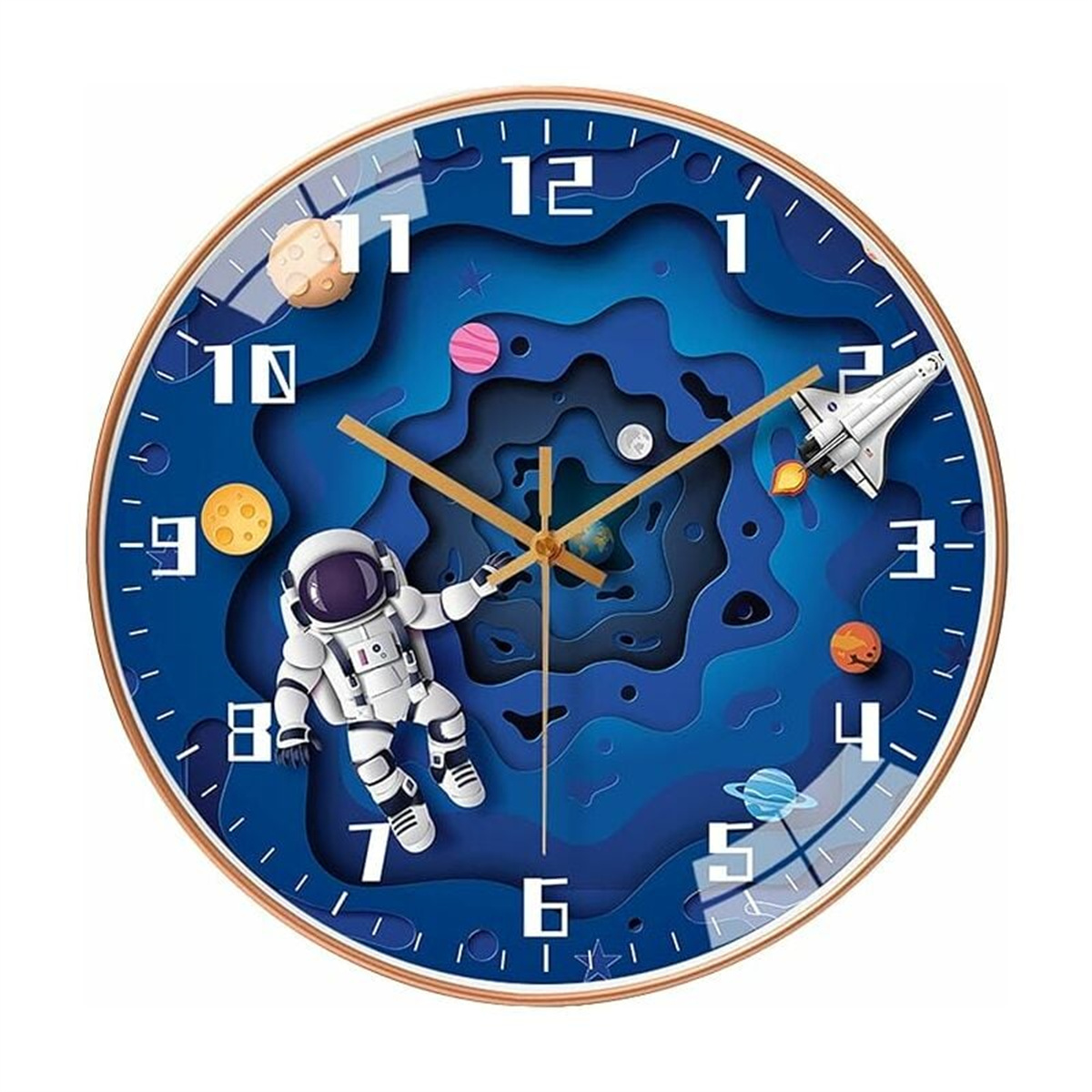 Eine Uhr mit einem Astronauten und Planeten in einem blau Weltraum-Design.
