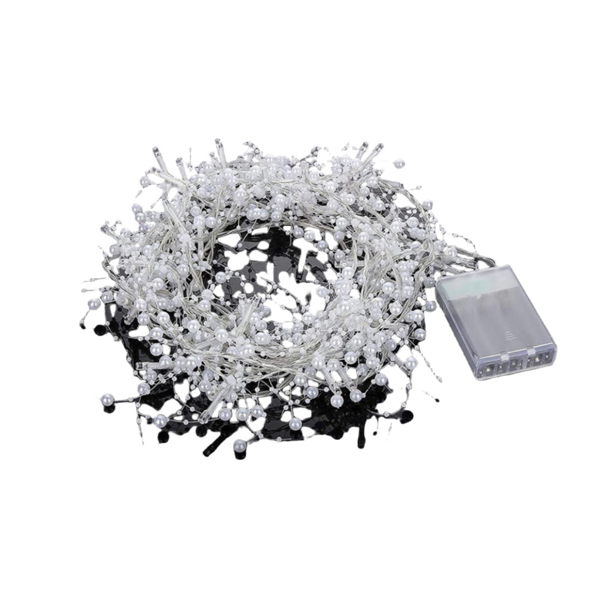 Lichterkette mit weißen Perlen und Batteriepack.