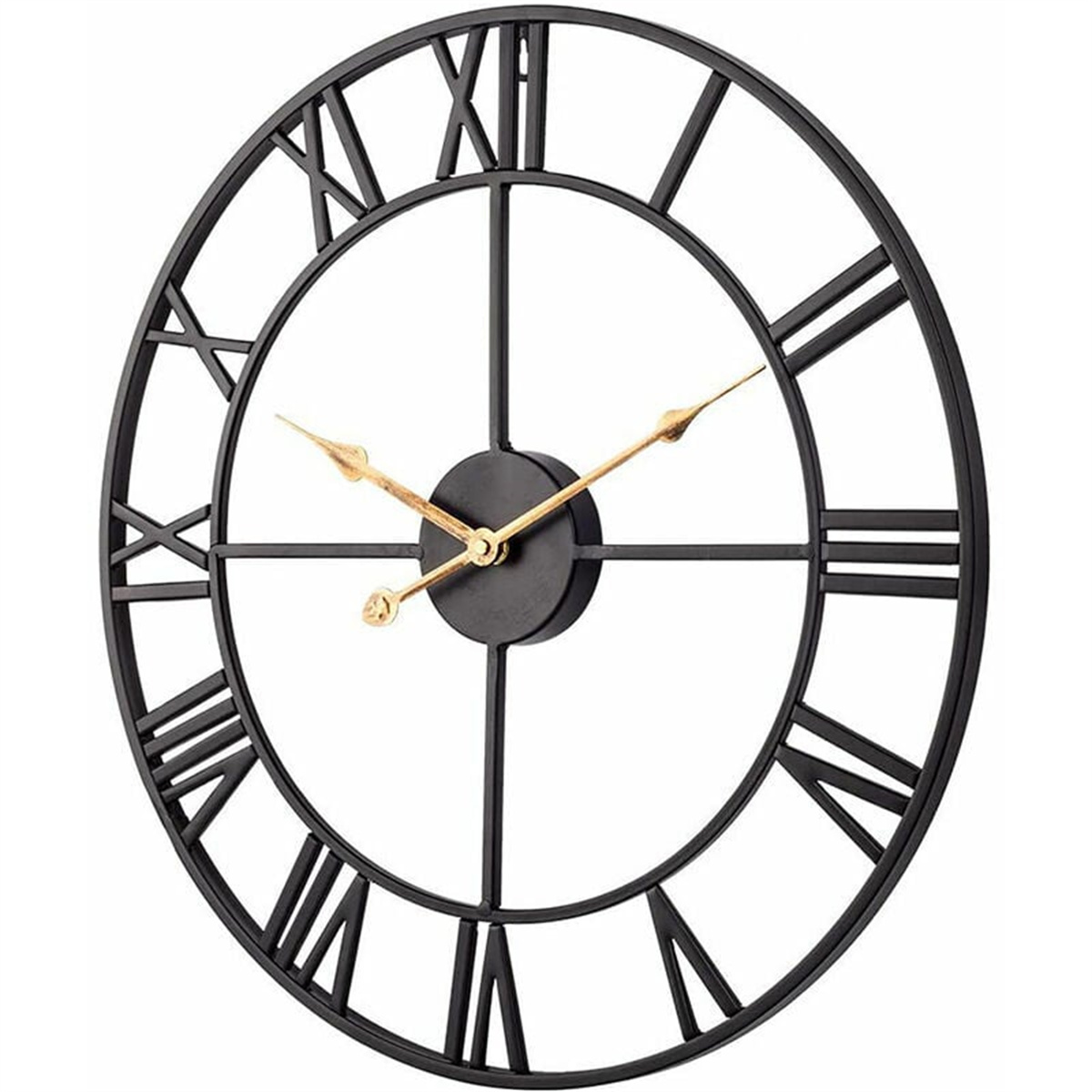 Eine schwarze Wanduhr mit Metallrahmen, römischen Ziffern und goldenen Zeigern.
