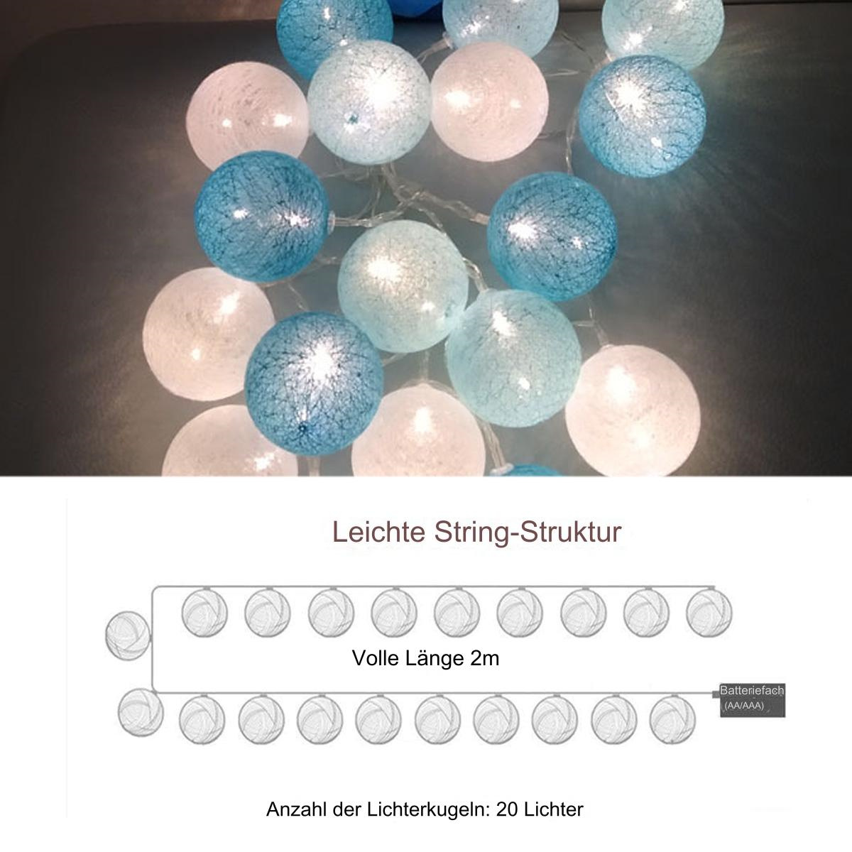 Lichterkette mit blauen und weißen Feenlichtern. Ein Diagramm zeigt die Länge.