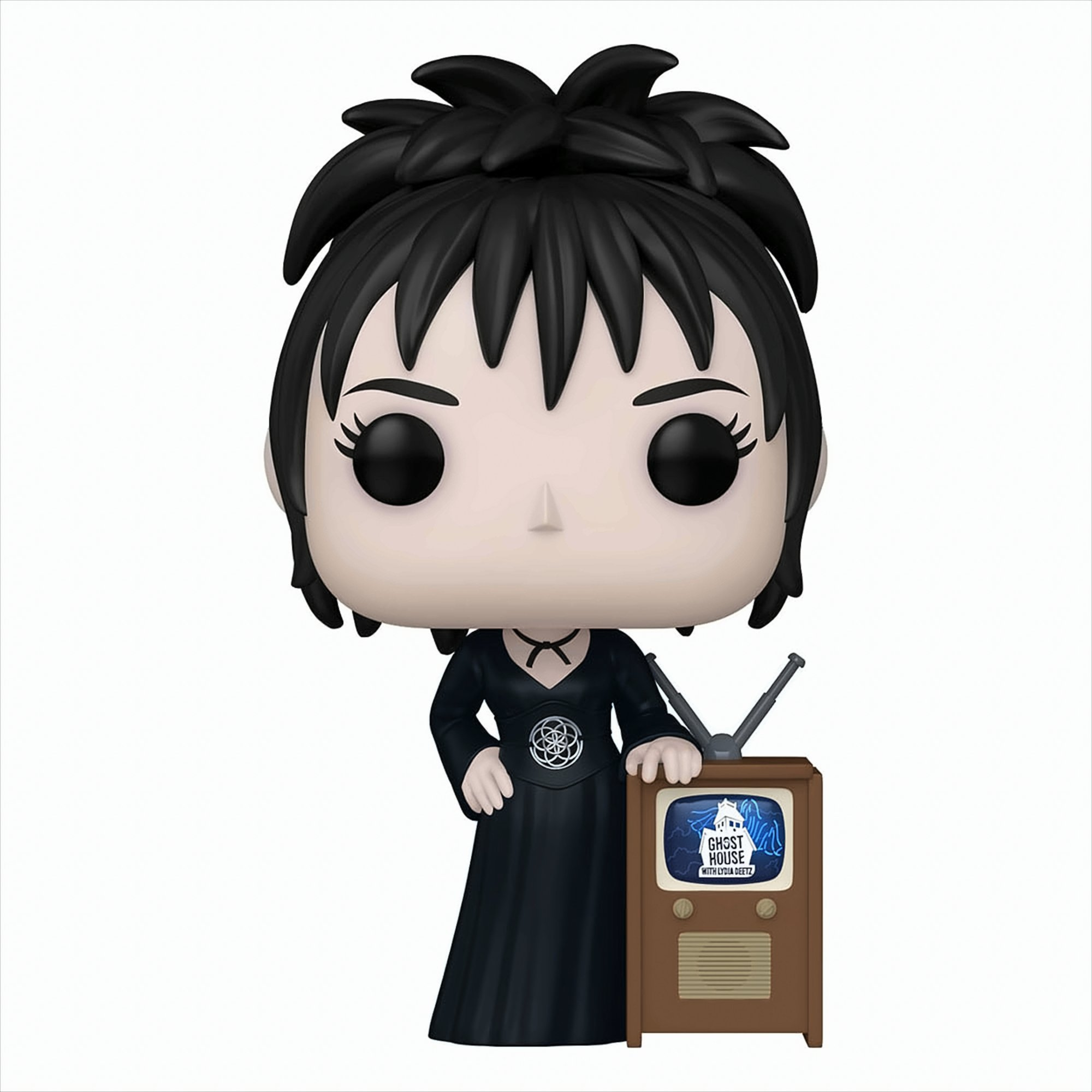 Figura Funko Pop de Lydia Deetz, sosteniendo un televisor. Fondo blanco.