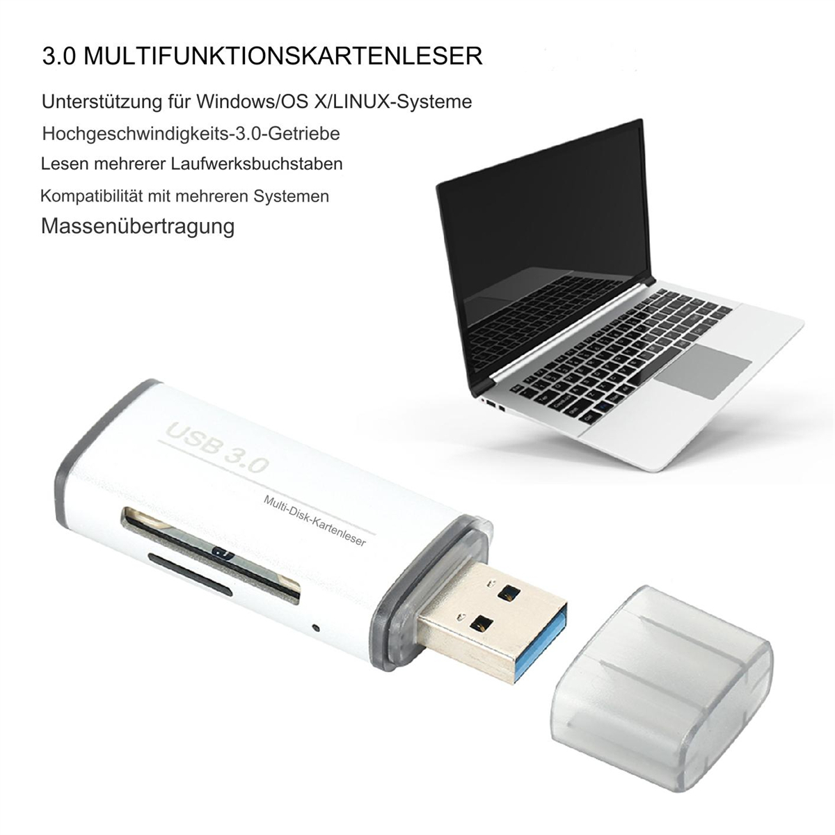 Ein USB 3.0 multifunktionaler Kartenleser neben einem Laptop mit USB-Anschluss und klarer Abdeckung.