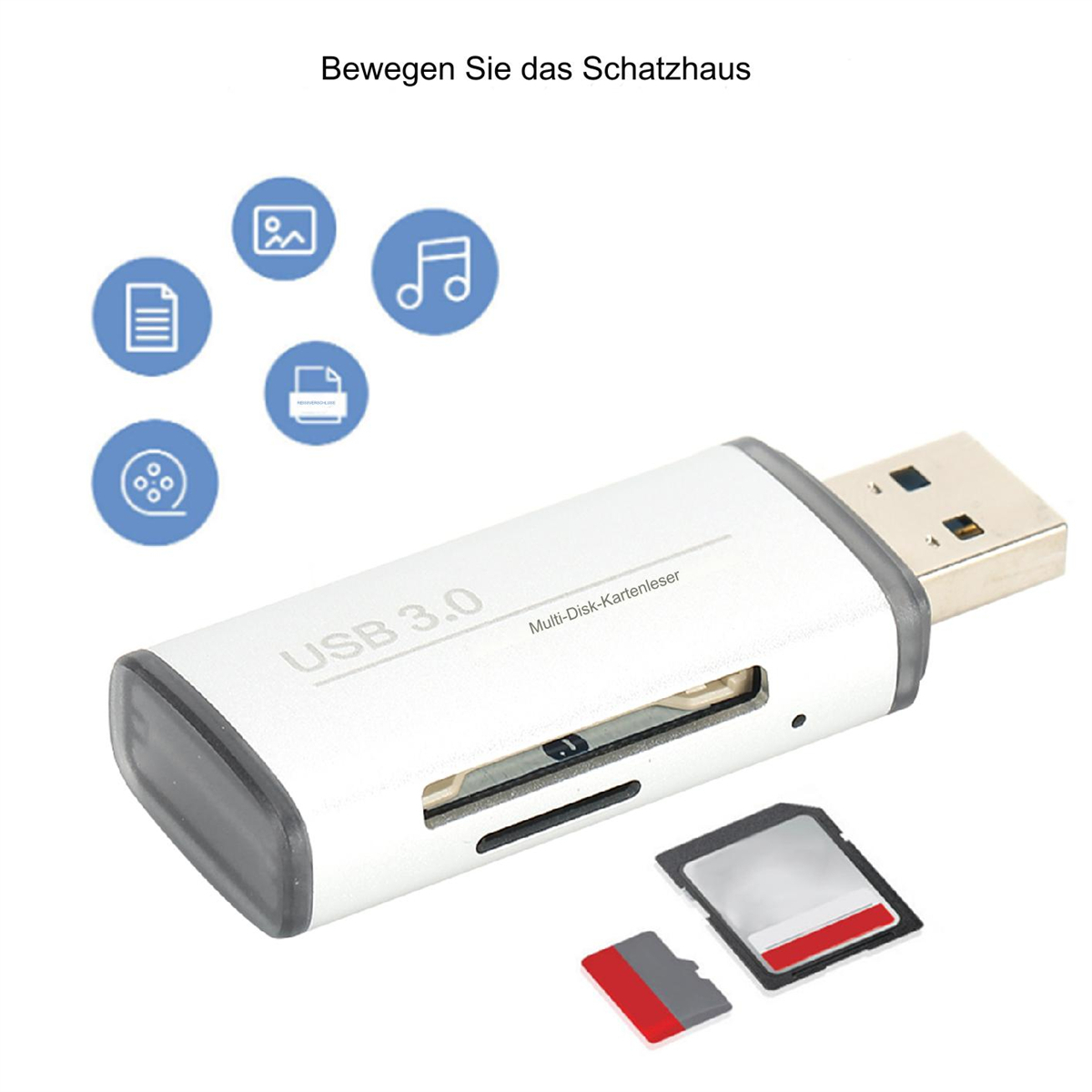 Silberner USB 3.0 Multi-Kartenleser mit SD- und Micro-SD-Karten daneben.