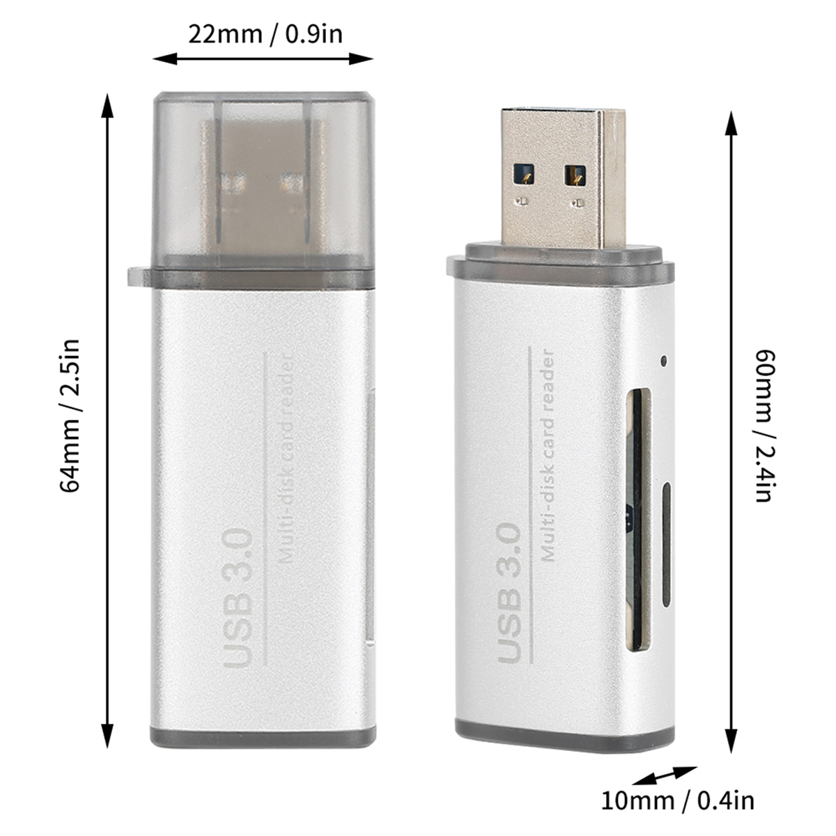 Zwei silberne USB 3.0 Multi-Disk-Kartenleser. Einer mit Kappe und einer ohne. Abmessungen werden angezeigt.