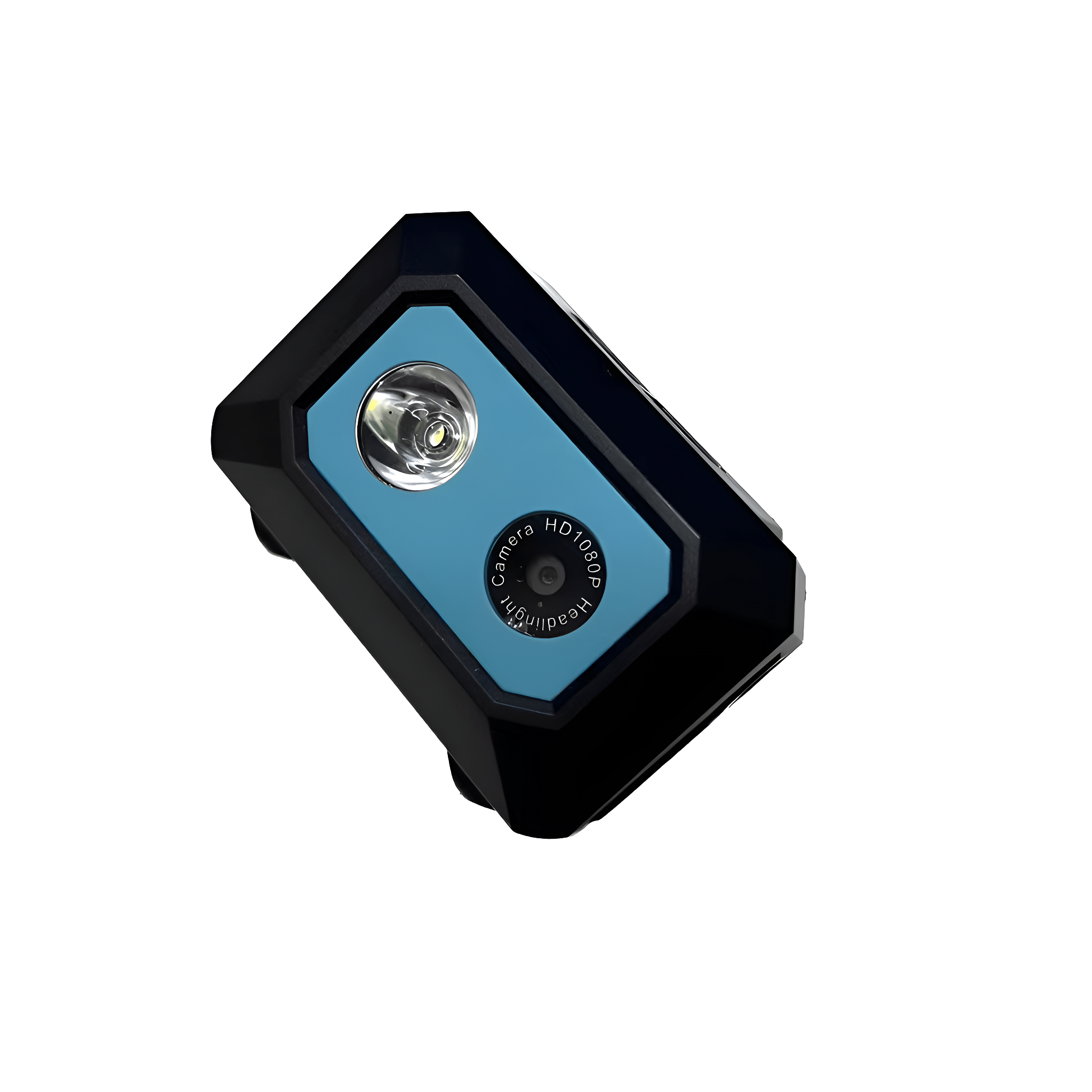 Schwarze und blaue Action-Kamera mit Licht und Linse.