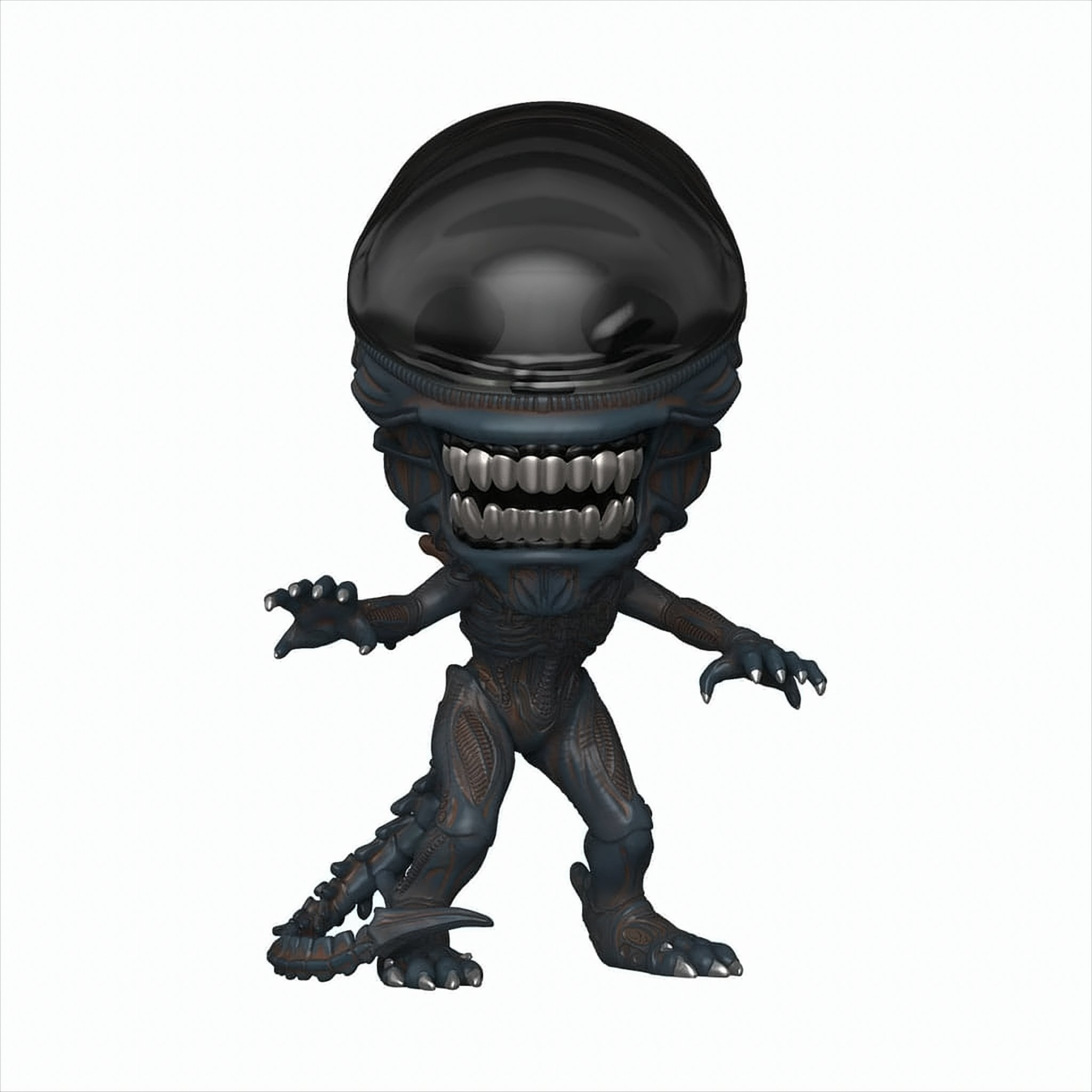 Eine Alien-Spielzeugfigur mit großem Kopf und Zähnen, die auf weißem Hintergrund steht.