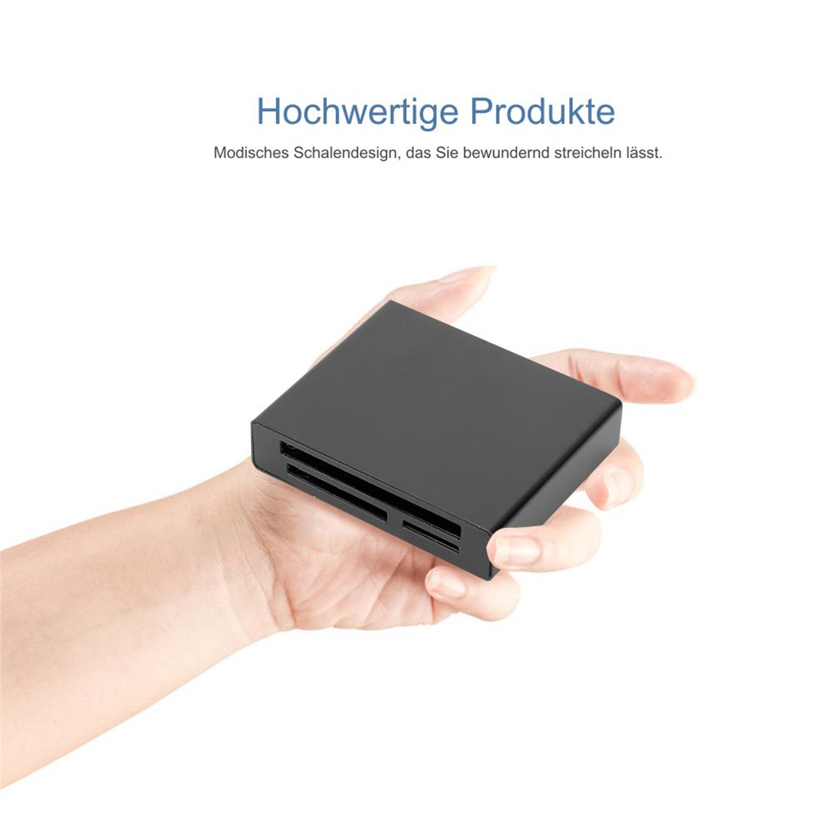 Die Hand einer Person, die einen schwarzen, rechteckigen Kartenleser mit Schlitzen hält. Der Text lautet 'Hochwertige Produkte'.