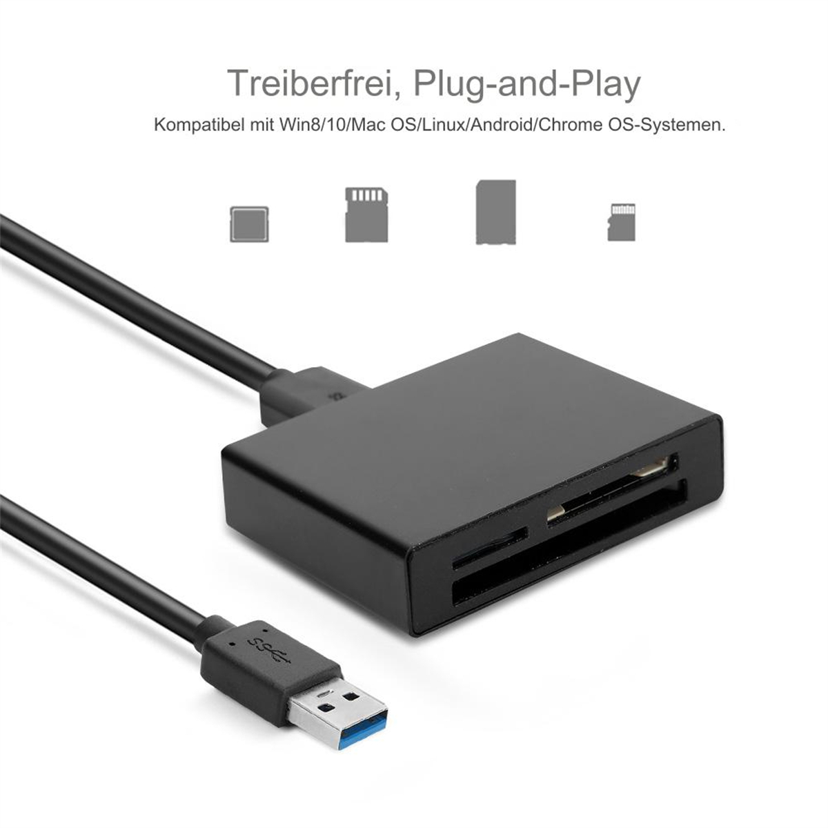 Schwarzer USB-Kartenleser mit USB-Kabel. Hat mehrere Kartensteckplätze und weißen Hintergrund.
