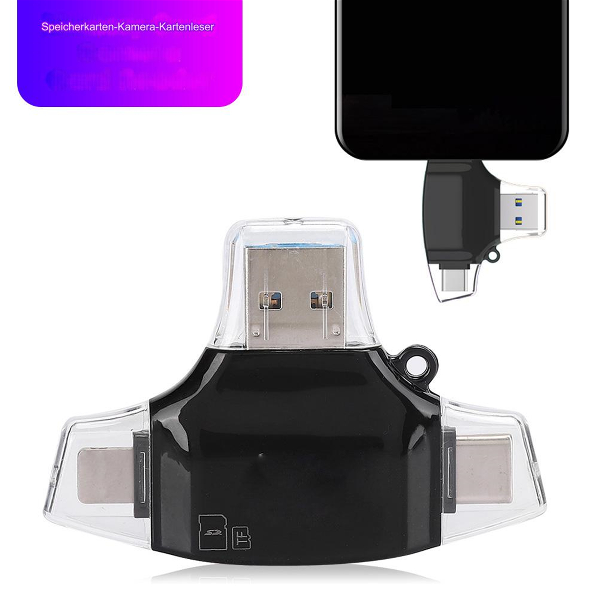 Ein schwarzes und transparentes Kartenlesegerät mit USB- und Typ-C-Anschlüssen wird angezeigt.