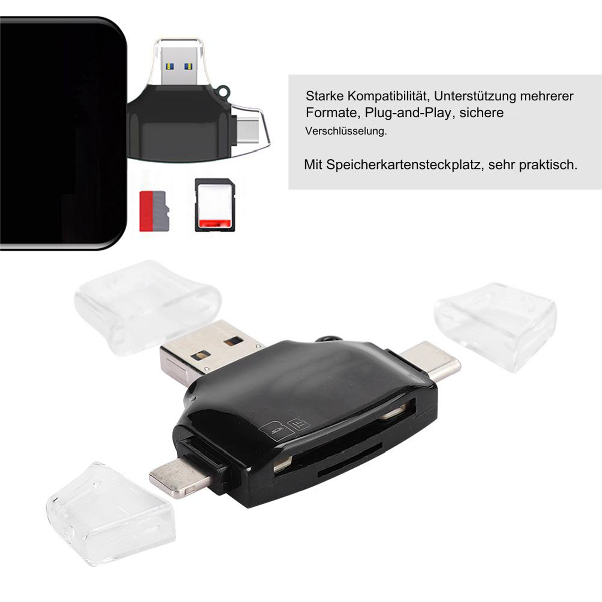 Schwarzer USB-Adapter mit mehreren Steckplätzen und zwei durchsichtigen Kunststoffabdeckungen.