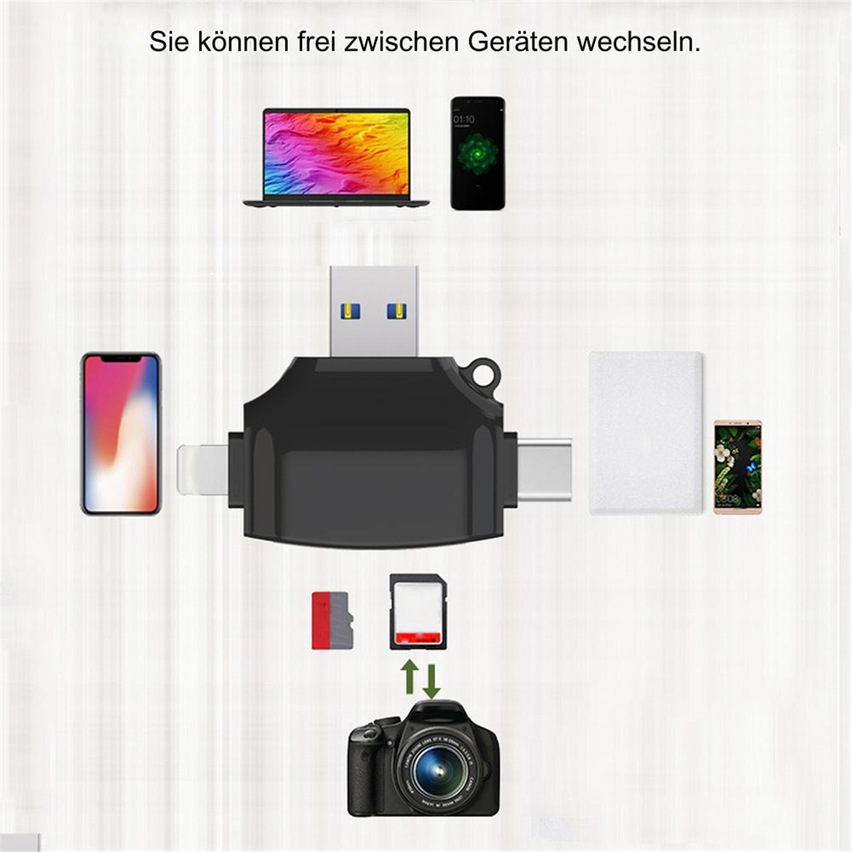 Schwarzer Adapter mit USB-, USB-C- und anderen Anschlüssen, mit Geräten.