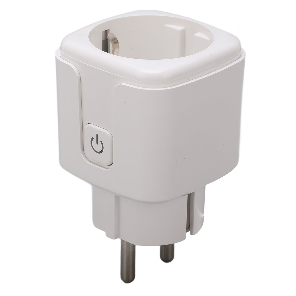 Weißer Smart-Stecker mit Ein- / Aus-Taste und Stiften.