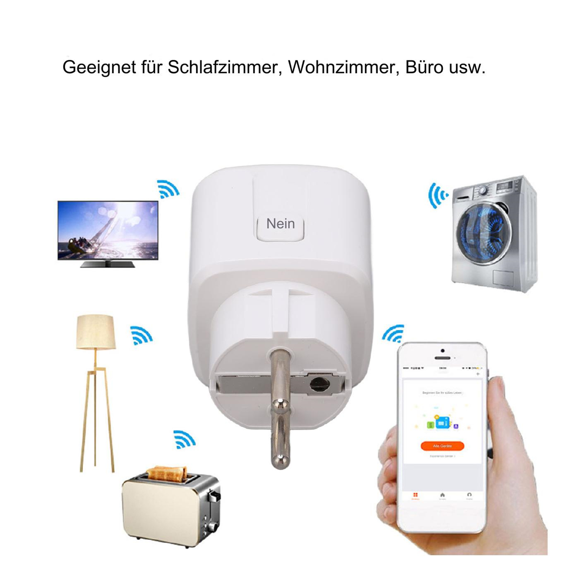 Ein weißer Smart-Plug mit Knopf und schwarzem Stecker. Es zeigt ein Smart-Home-Setup mit Geräten.