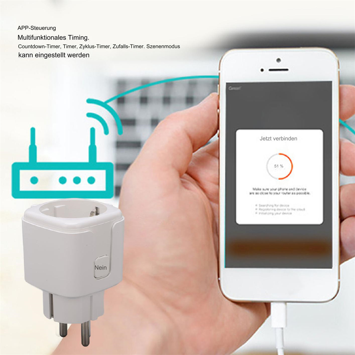 Weißer Smart Plug mit Hand, die ein Telefon mit Einrichtungsprozess hält.