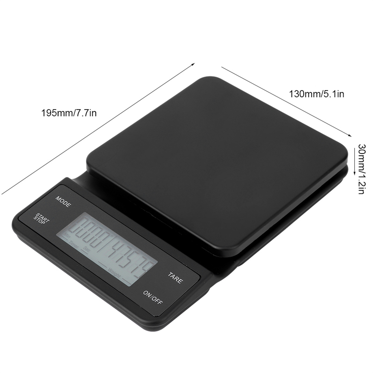 Schwarze digitale Küchenwaage. Abmessungen: 195mm/7,7in x 130mm/5,1in x 30mm/1,2in. LCD zeigt Gewicht.