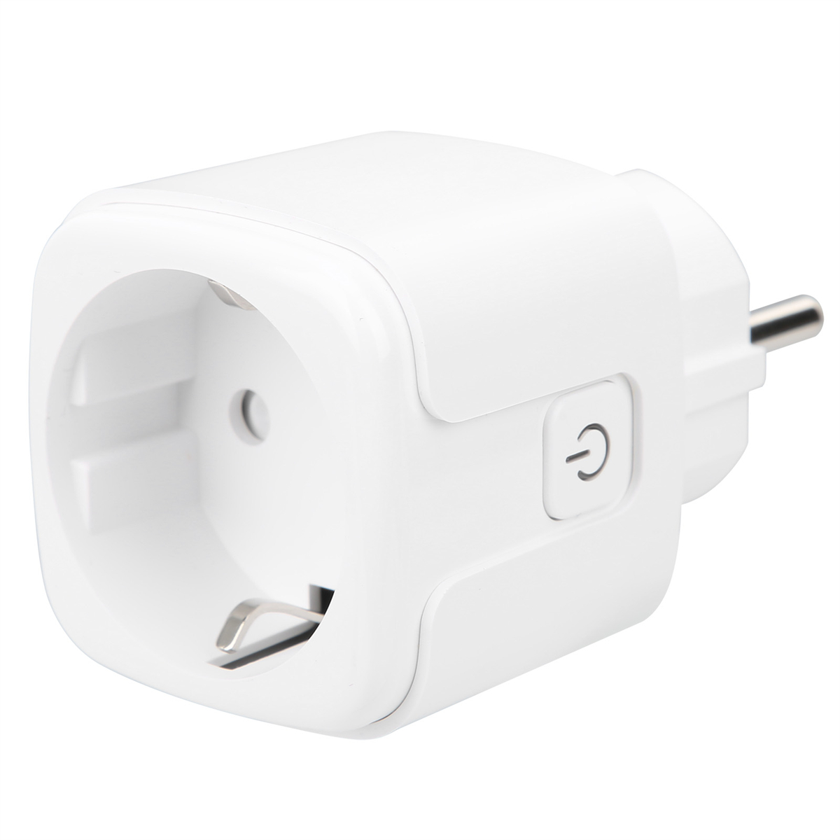 Weißer Smart Plug mit Ein-/Aus-Taste und Steckdose. Der Stecker zeigt nach rechts.