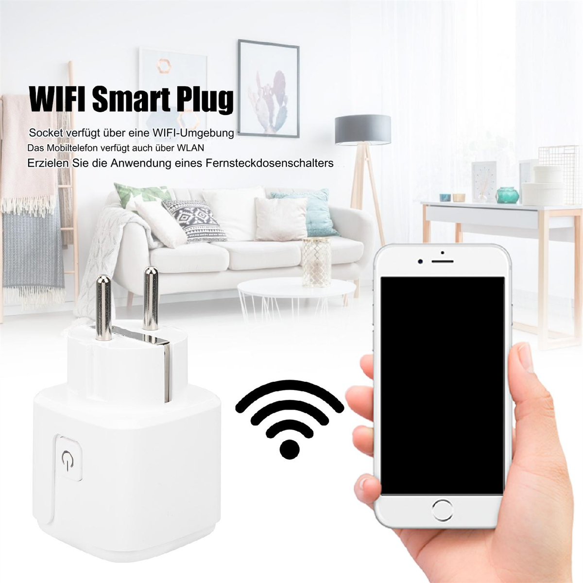 Ein weißer Smart Plug mit einem Telefon, das ein WLAN-Signal zeigt.