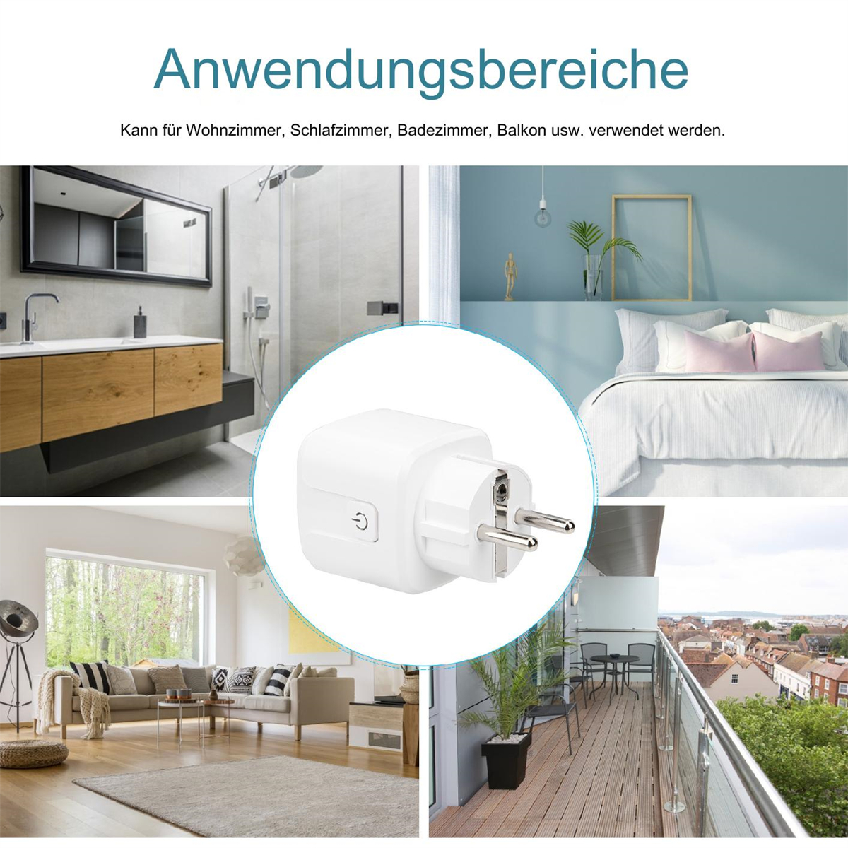 Ein weißes Steckgerät mit mehreren Szenen, die es in verschiedenen Räumen zeigen.