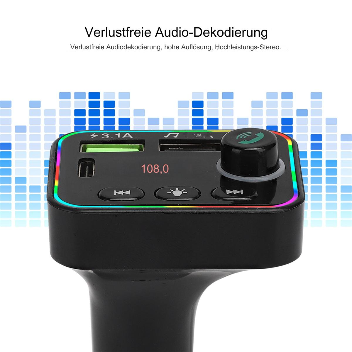 Schwarzer Auto-FM-Transmitter mit Bildschirm und mehreren Knöpfen, mit blauer Schallwellengrafik.