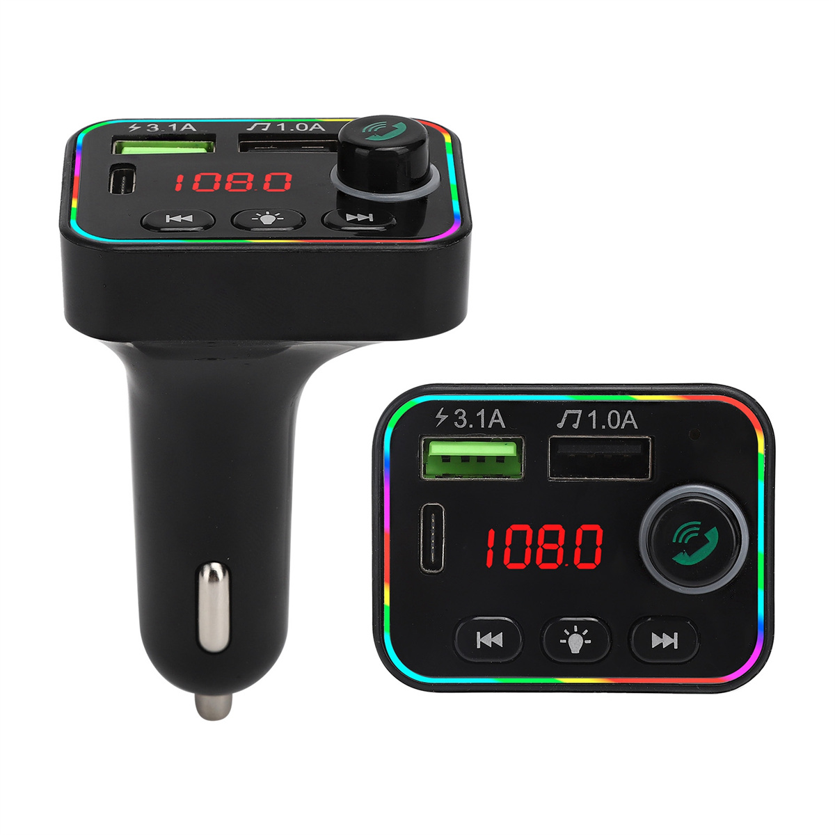 Schwarzer Auto-Adapter mit USB-Anschlüssen und Bildschirm, der 108.0 anzeigt, umgeben von Regenbogenlicht.