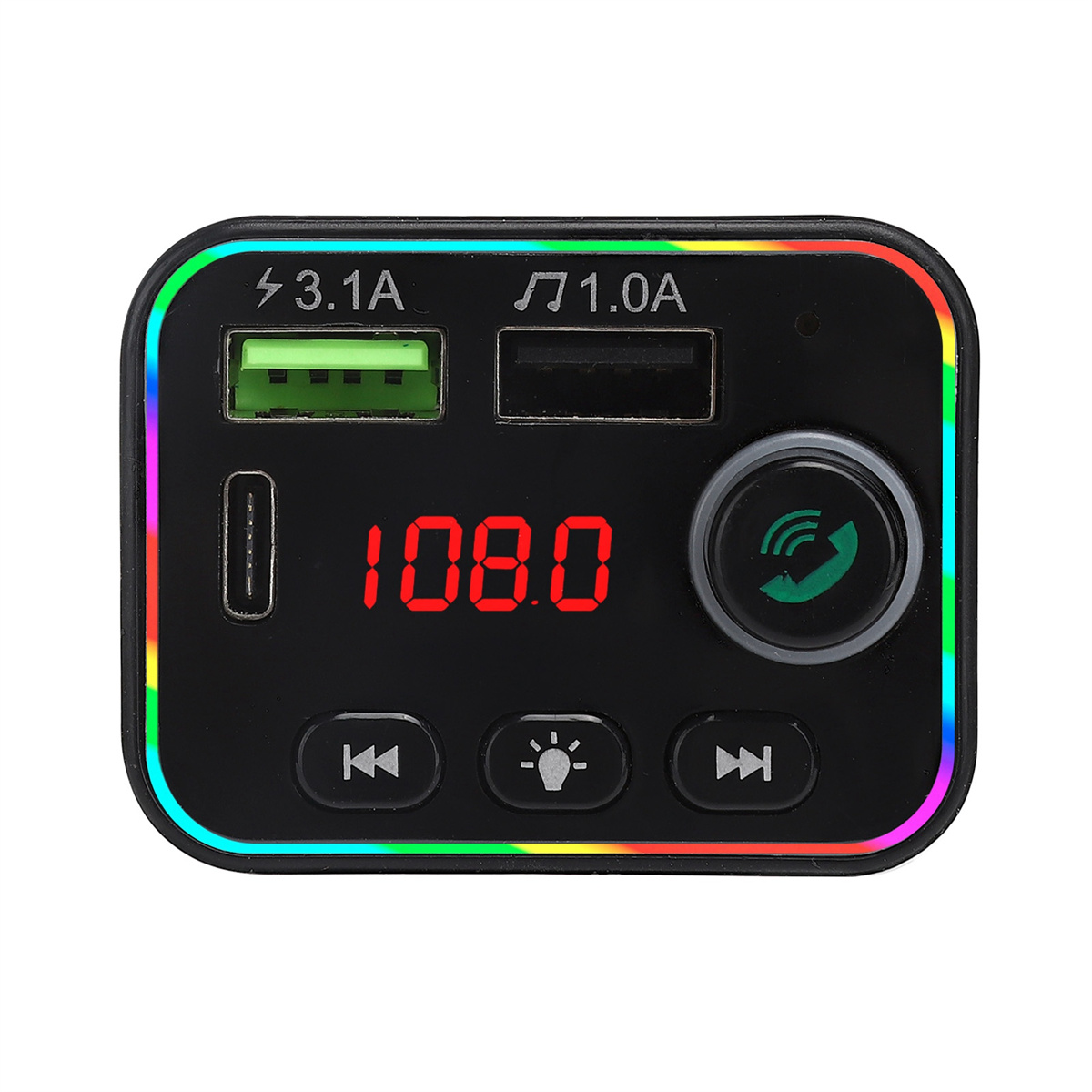 Ein schwarzes Autoladegerät mit digitaler Anzeige. Es hat USB-Anschlüsse und Steuertasten.