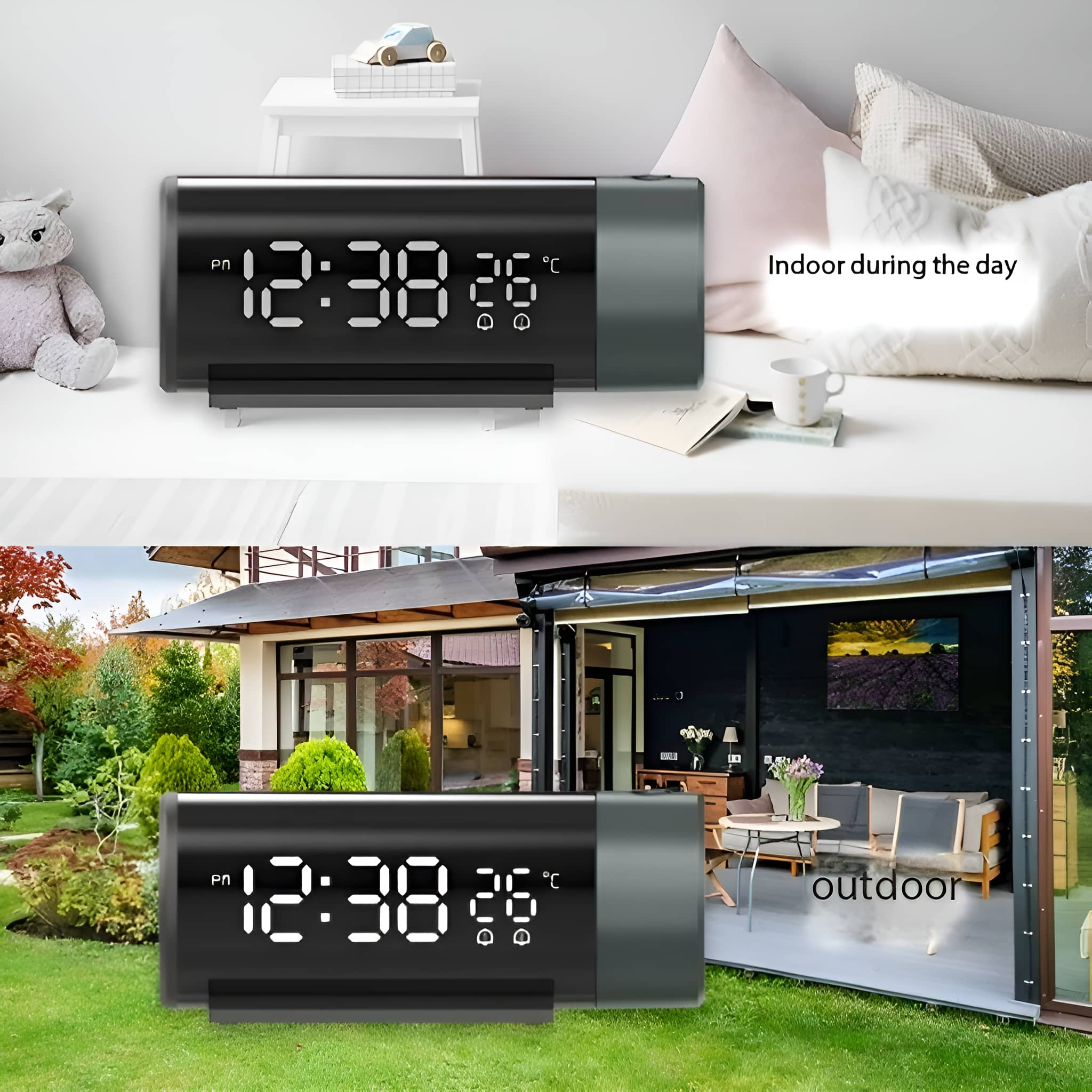 Eine schwarze Digitaluhr, die Zeit und Temperatur anzeigt. Zwei Szenen: drinnen und draußen, gleiche Uhr.