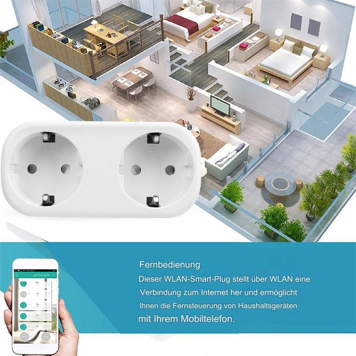 Weißer Smart-Stecker mit zwei Steckdosen, ein Telefon mit einer App und ein Hausplan im Hintergrund.