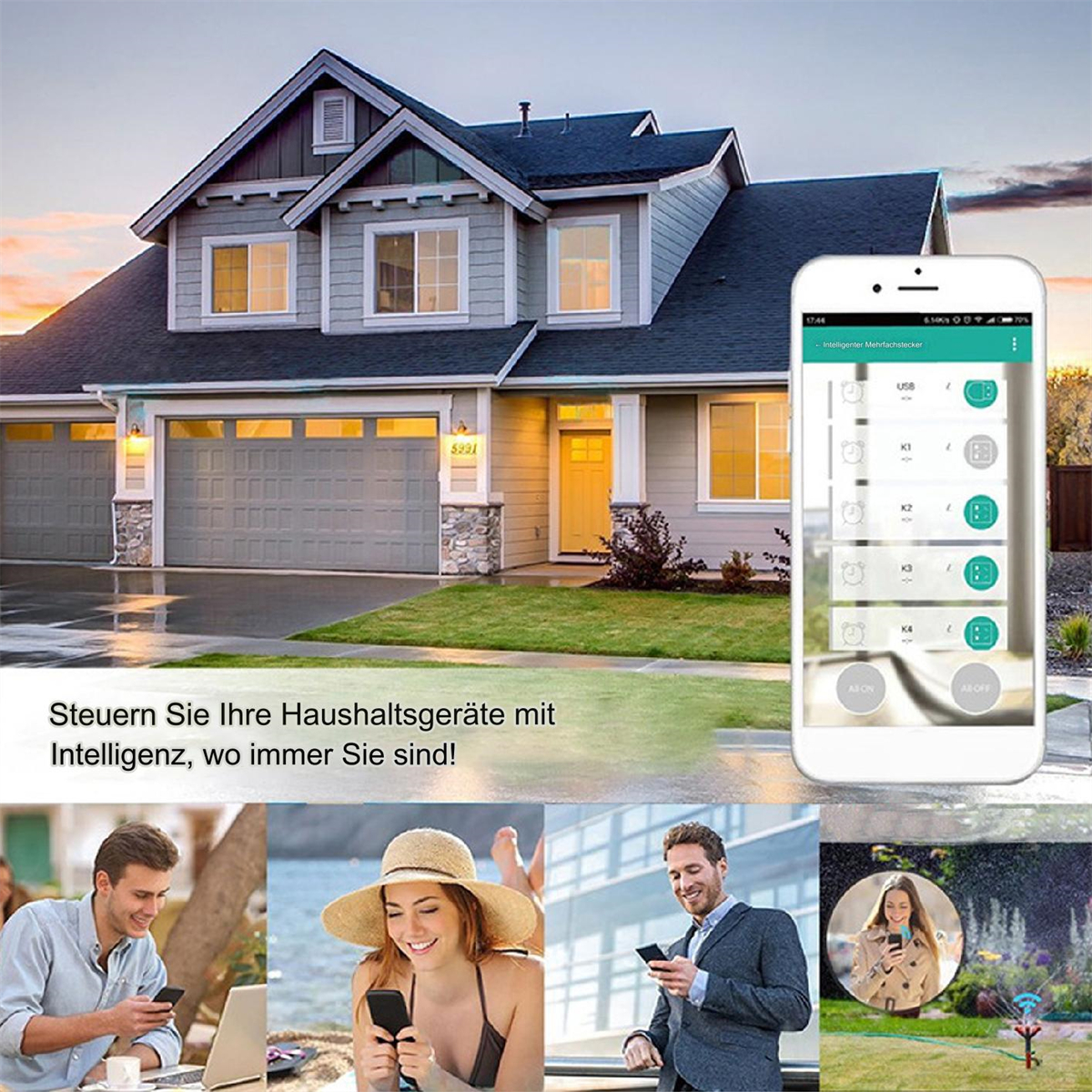 Smart Home Steuerung. Zeigt ein Handy, das Haushaltsgeräte steuert.