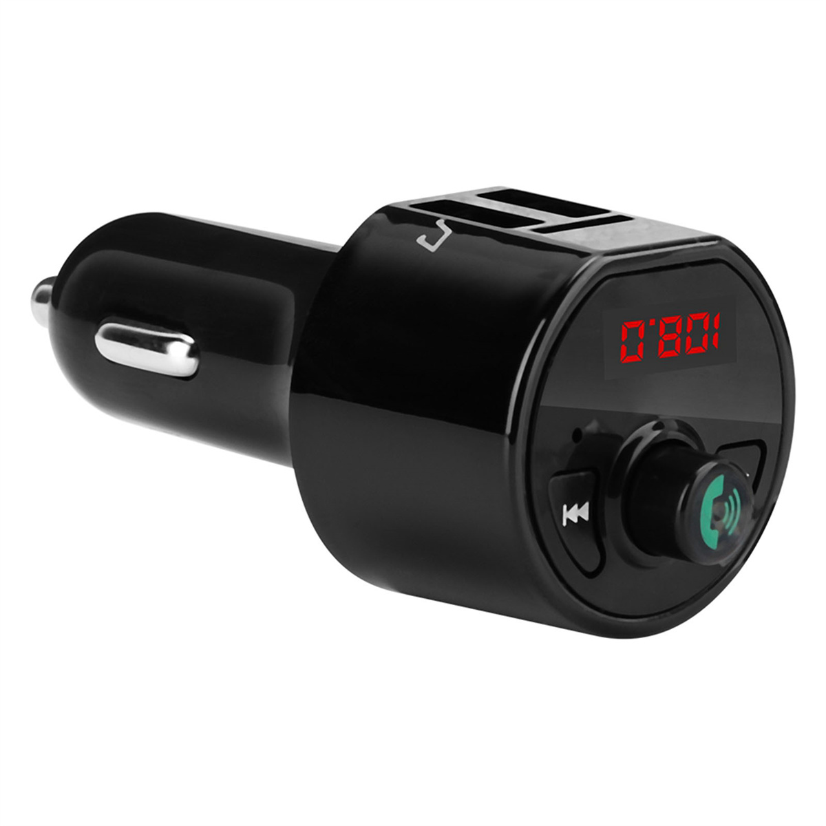Schwarzes Autoladegerät mit digitaler Anzeige, die Zahlen anzeigt. Es hat USB-Anschlüsse.