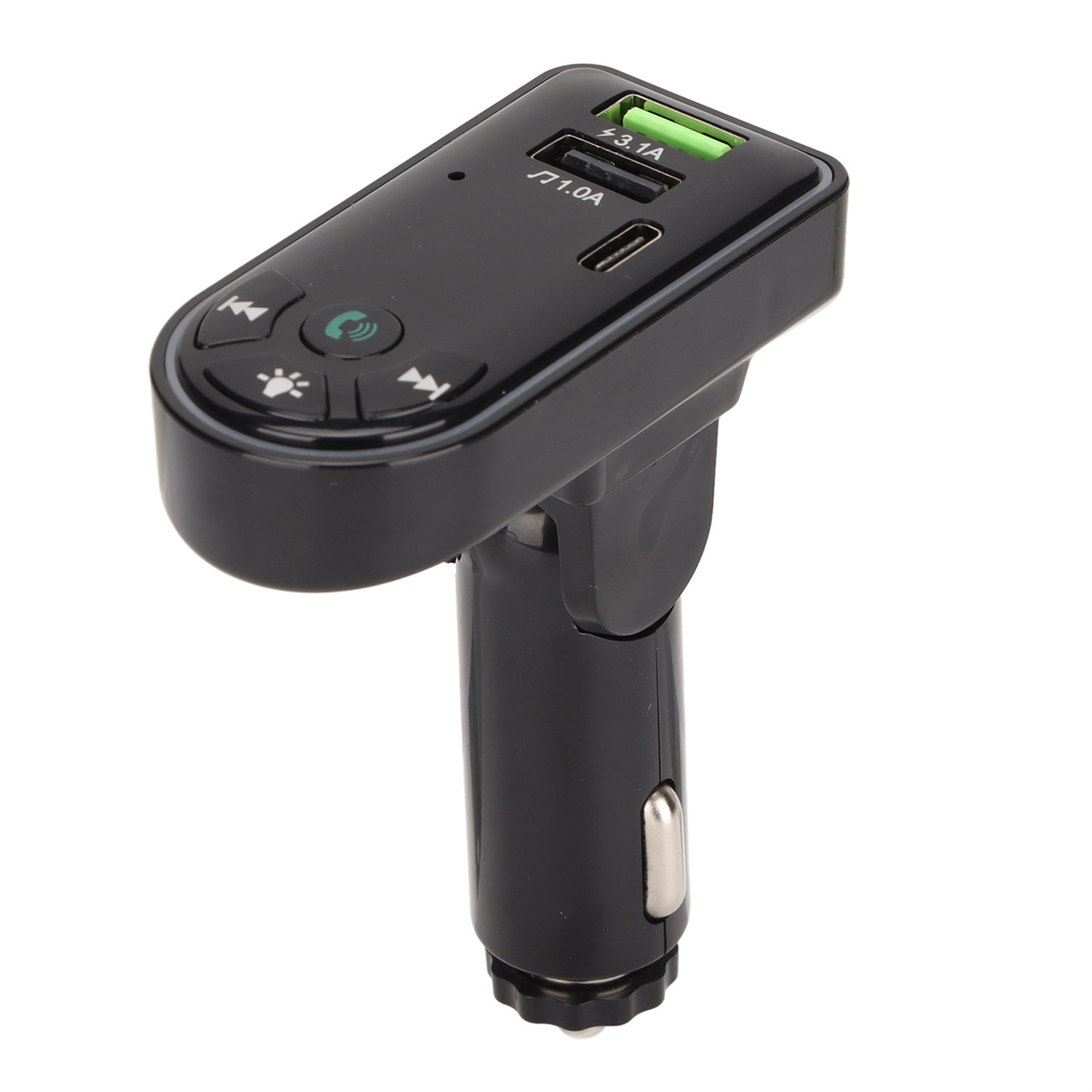 Schwarzer Auto-FM-Transmitter mit USB-Anschlüssen und Bedientasten, von oben gezeigt.
