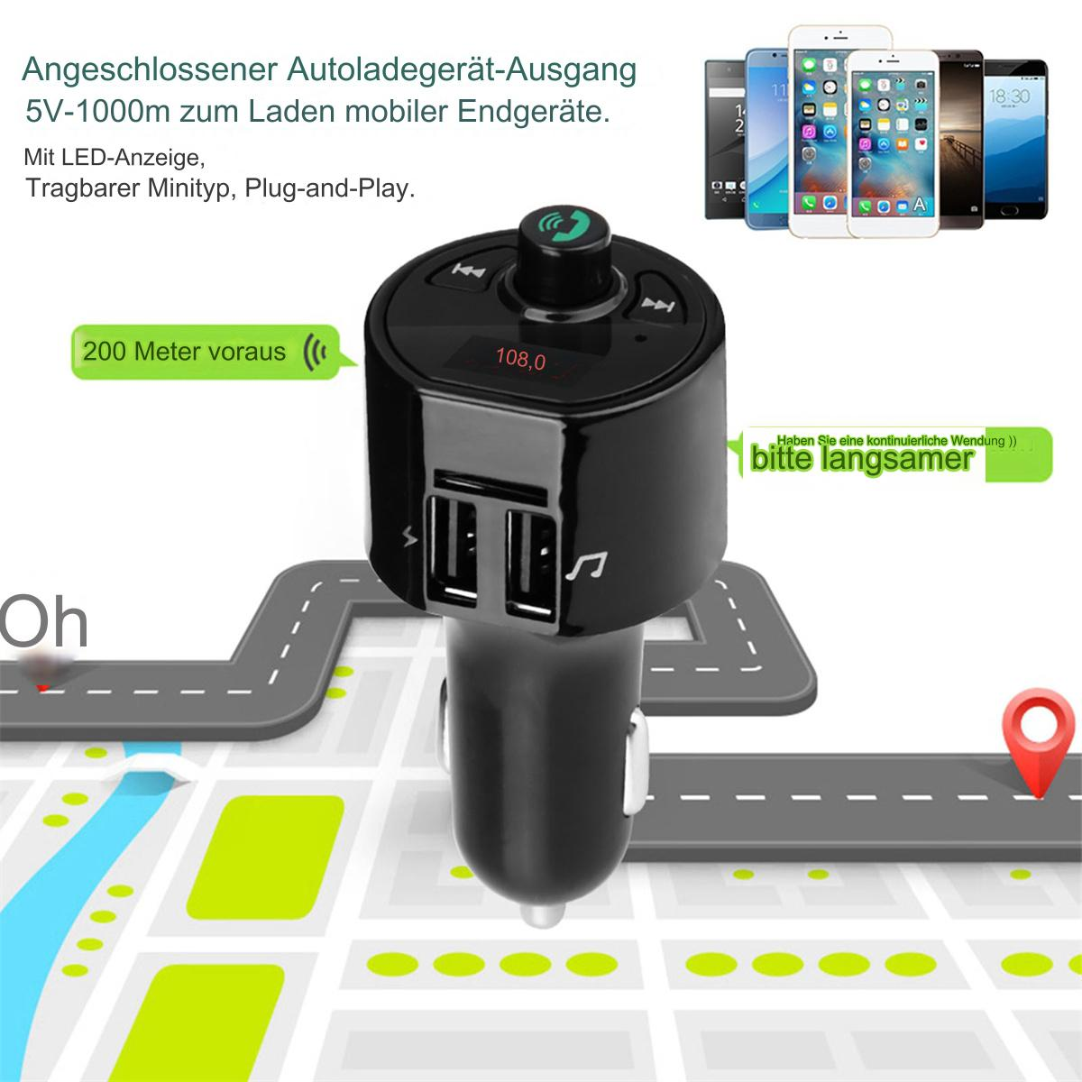 Autoladegerät mit Bildschirm, Handys und Kartenhintergrund. Text auf Deutsch.