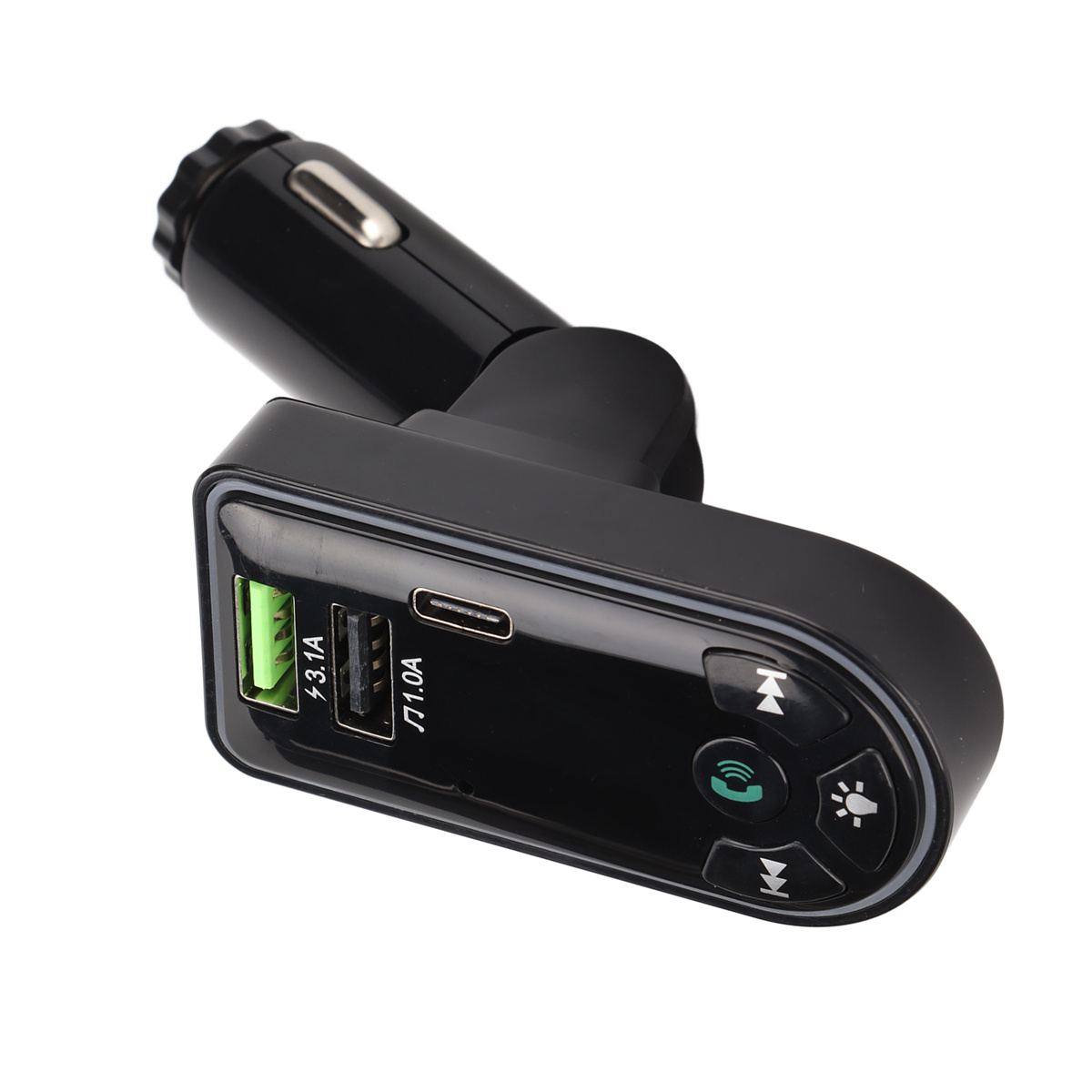 Ein schwarzes Autoladegerät mit USB-Anschlüssen und Steuertasten. Es hat einen grünen USB-Anschluss.