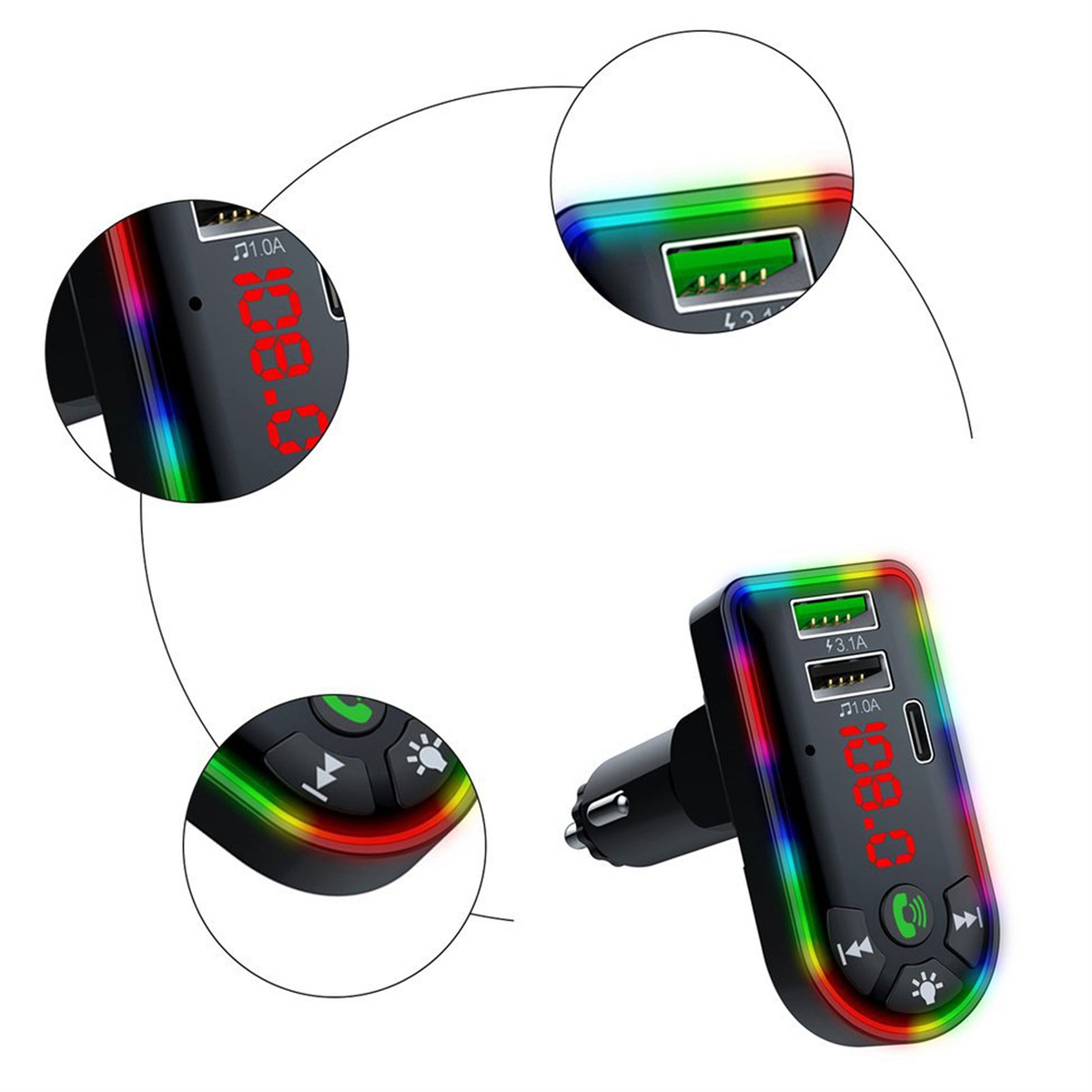 Ein Autoladegerät mit digitaler Anzeige. Es hat USB-Anschlüsse und Tasten, mit farbigen LED-Leuchten.
