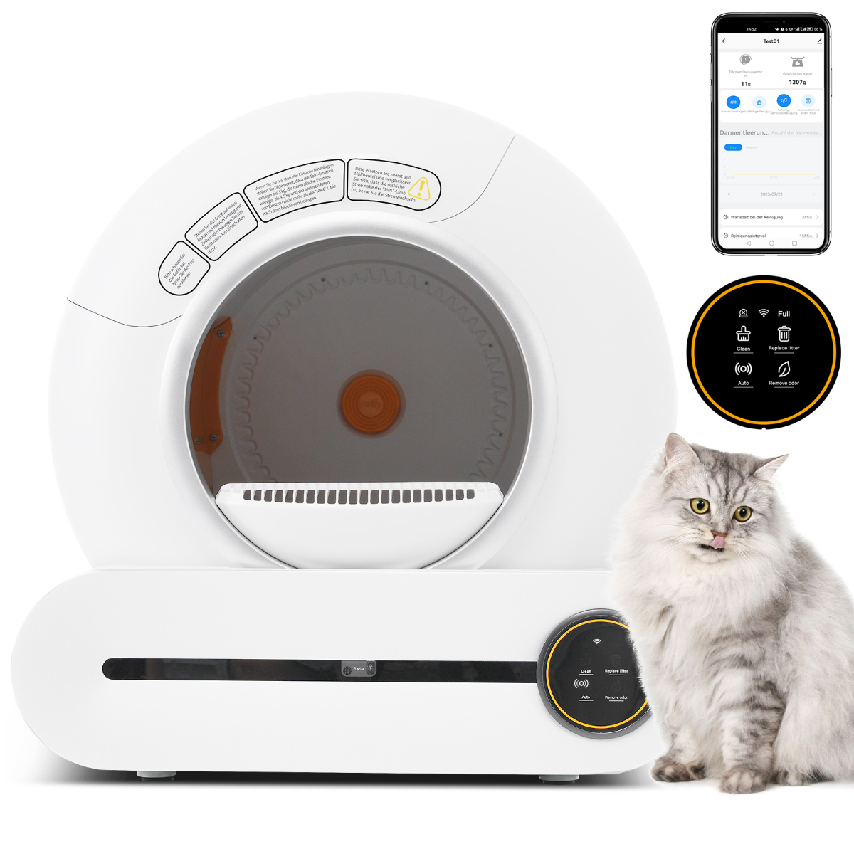 Eine weiße Katze, weiße Katzentoilette und Telefon-App auf einem Smartphone.