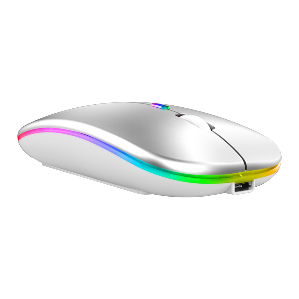 Eine weiße kabellose Maus mit einem farbenfrohen Lichtband an den Seiten. Sie hat eine weiße Oberseite und einen Ladeanschluss.